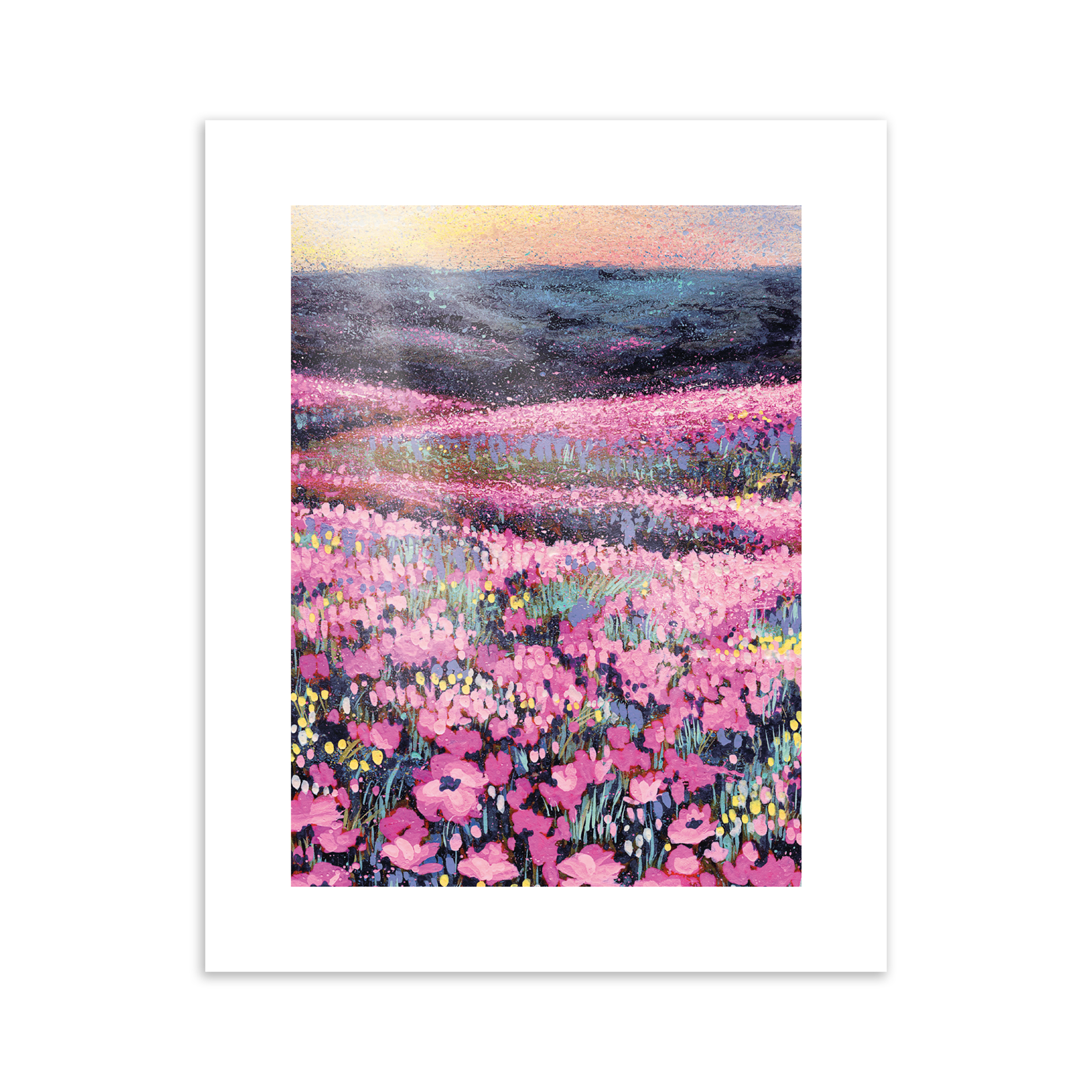 A print featuring a pink blossom field at sunset.
