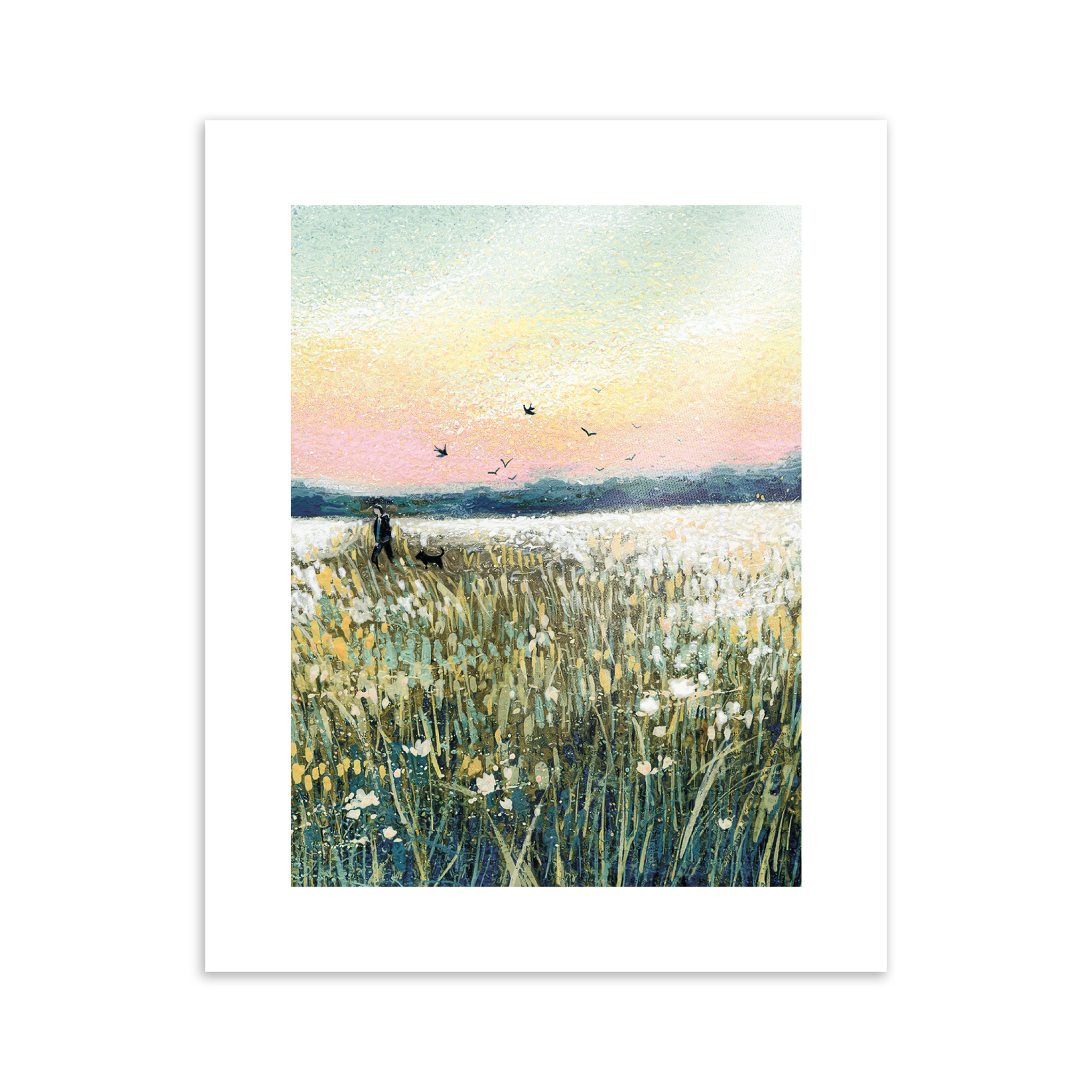 Watercolour art print of someone walking their dog at sunset.