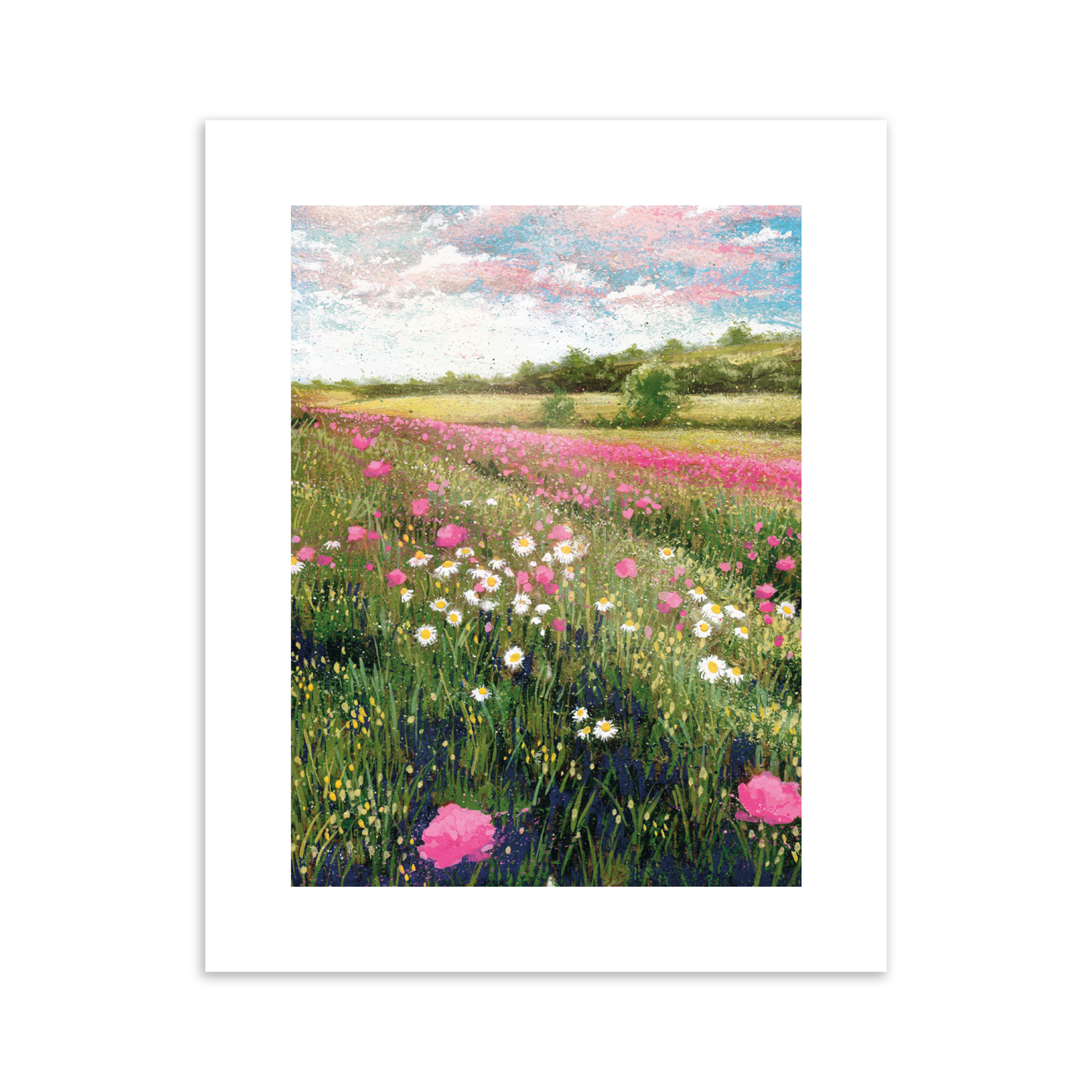 An art print that features a sunny field of flowers in the countryside.