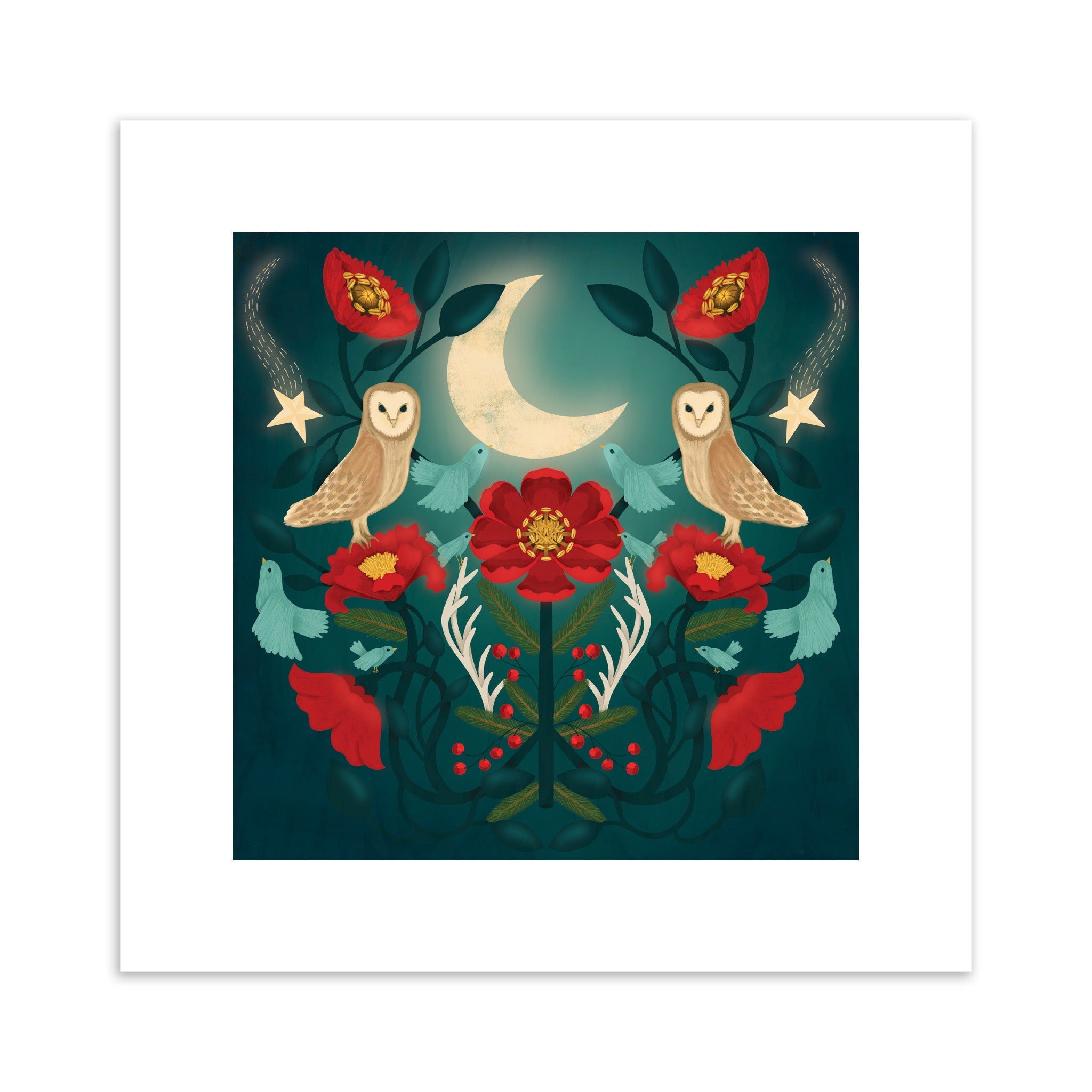 A symmetrical art print featuring two owls perched on the top of a botanical branch under the moonlight.