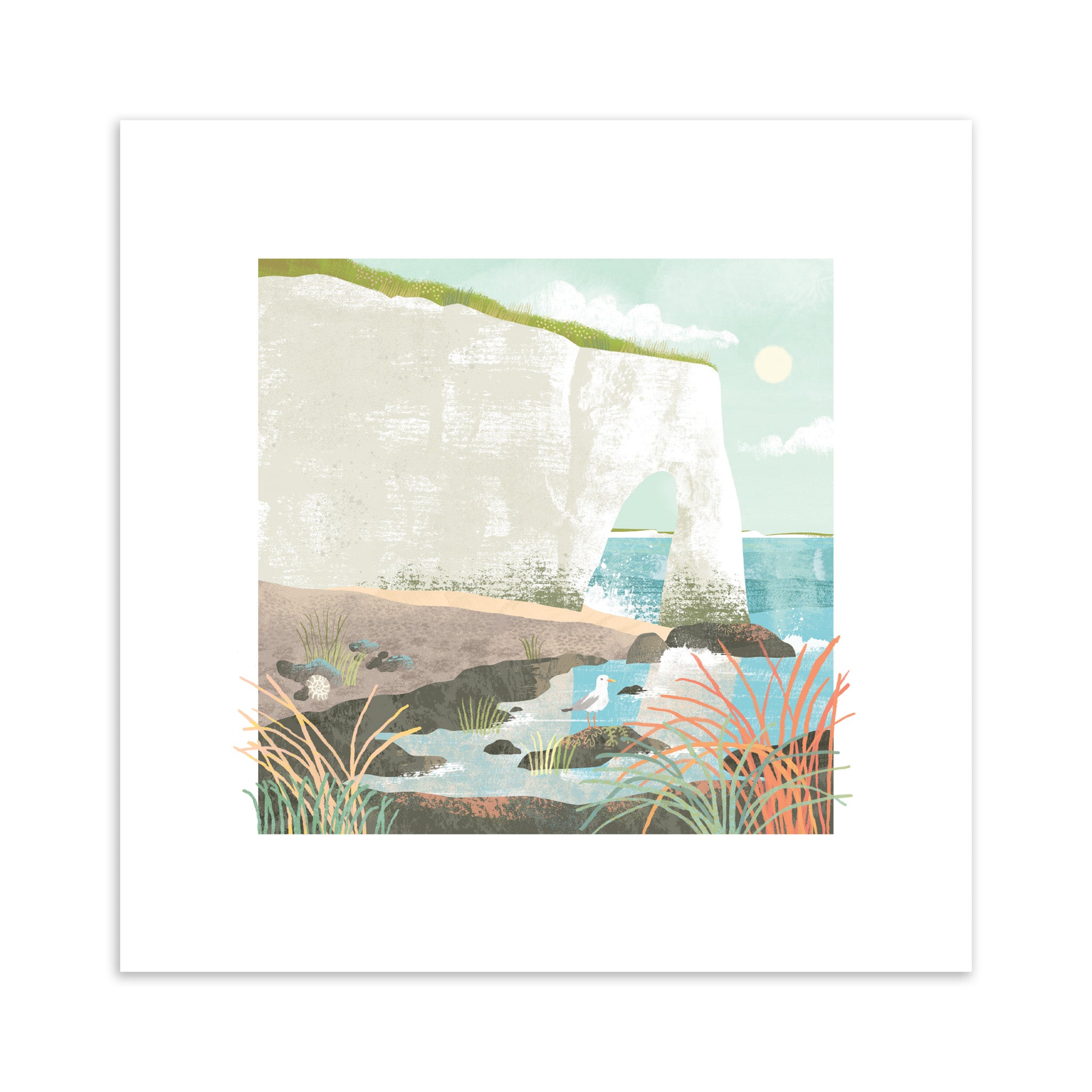 Illustration of a coastal scene with cliffs, ocean, and grasses on a white background.