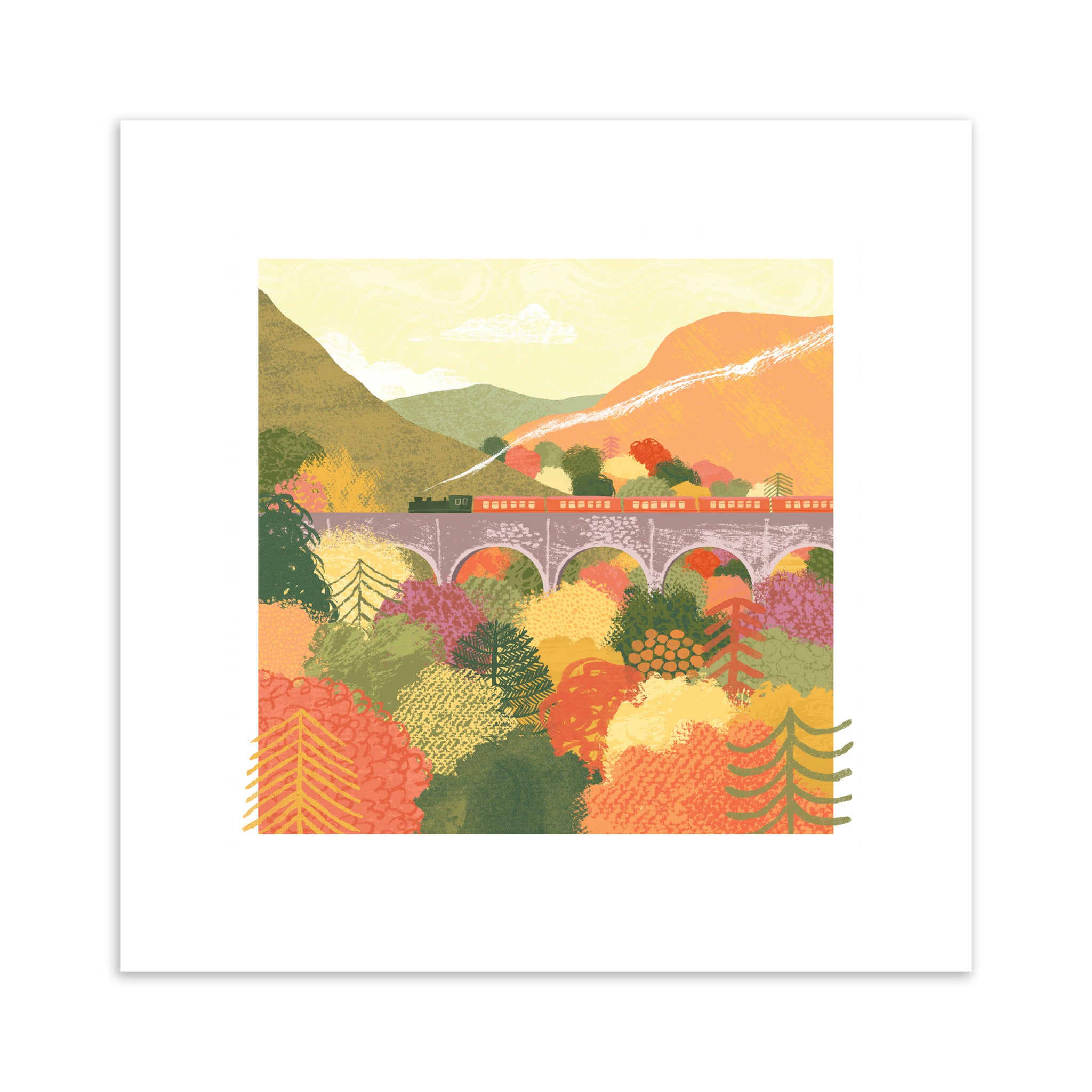 Illustration of a bridge over a colorful landscape with trees and mountains.