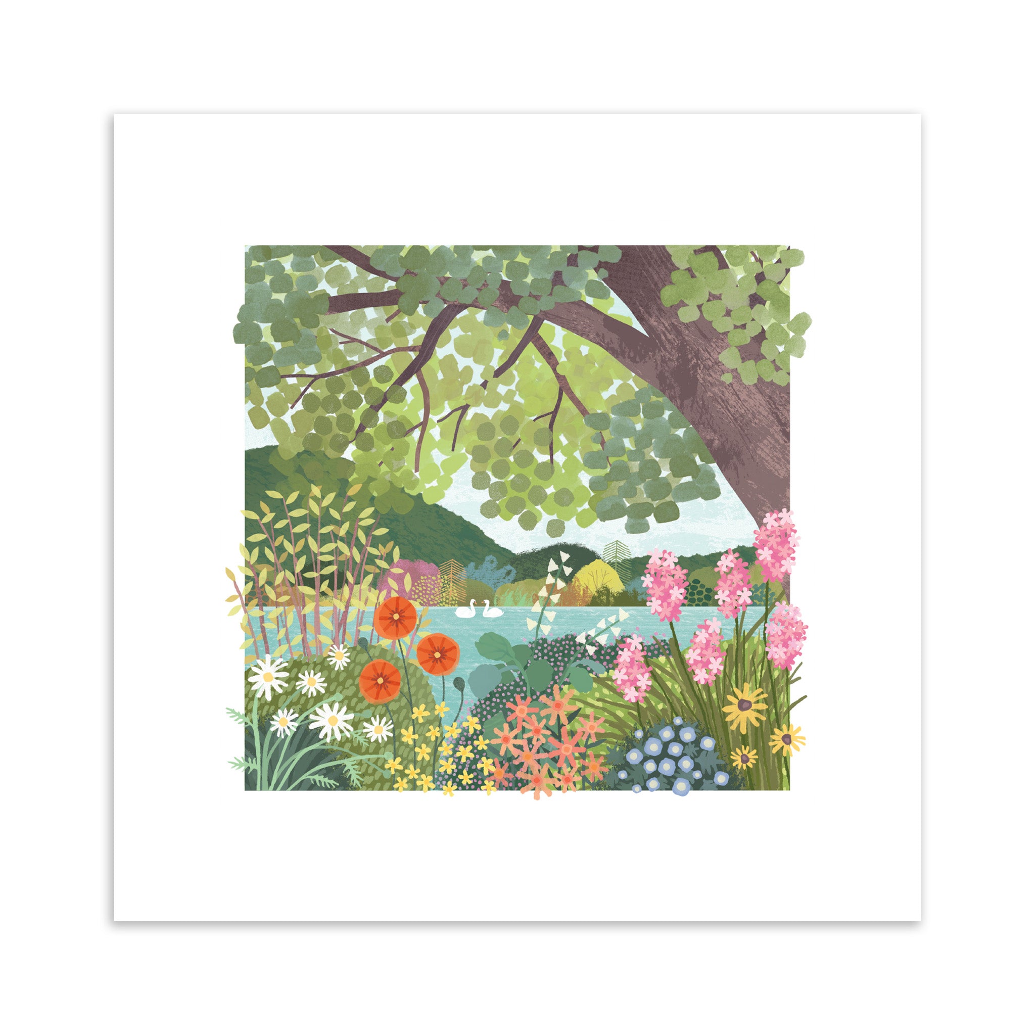 Illustration of a lake scene with flowers and trees on a white background.