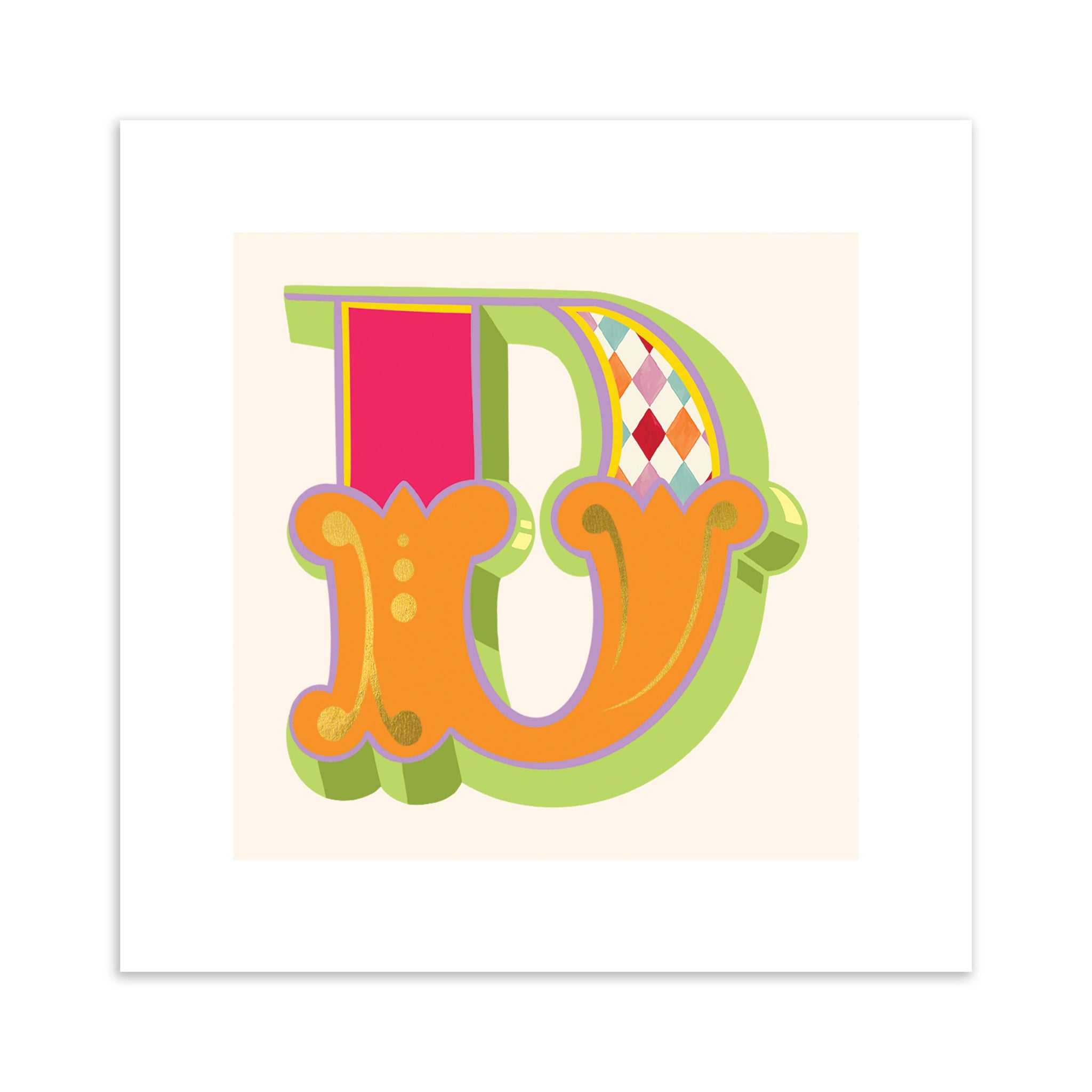 Colourful letter 'D' on a white background.