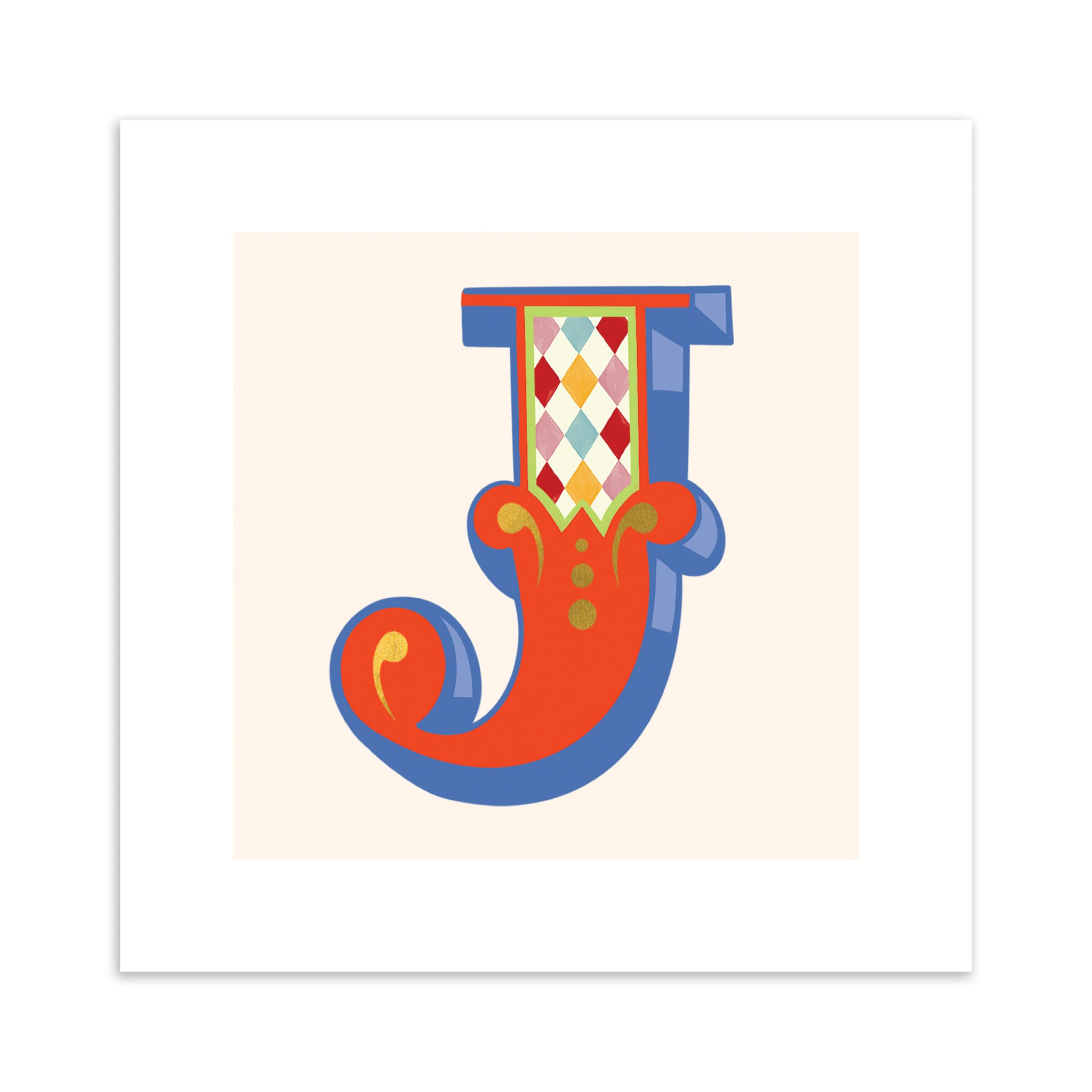 Colourful letter 'J' design on a beige background.