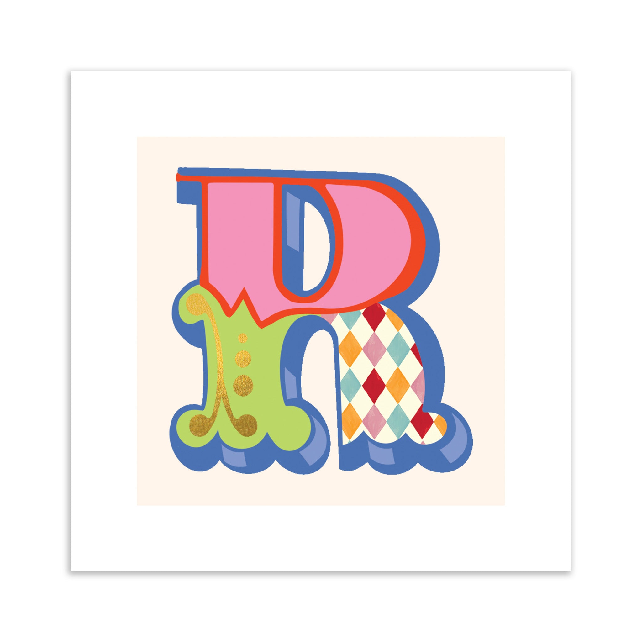 Colourful letter 'R' with patterns on a beige background.