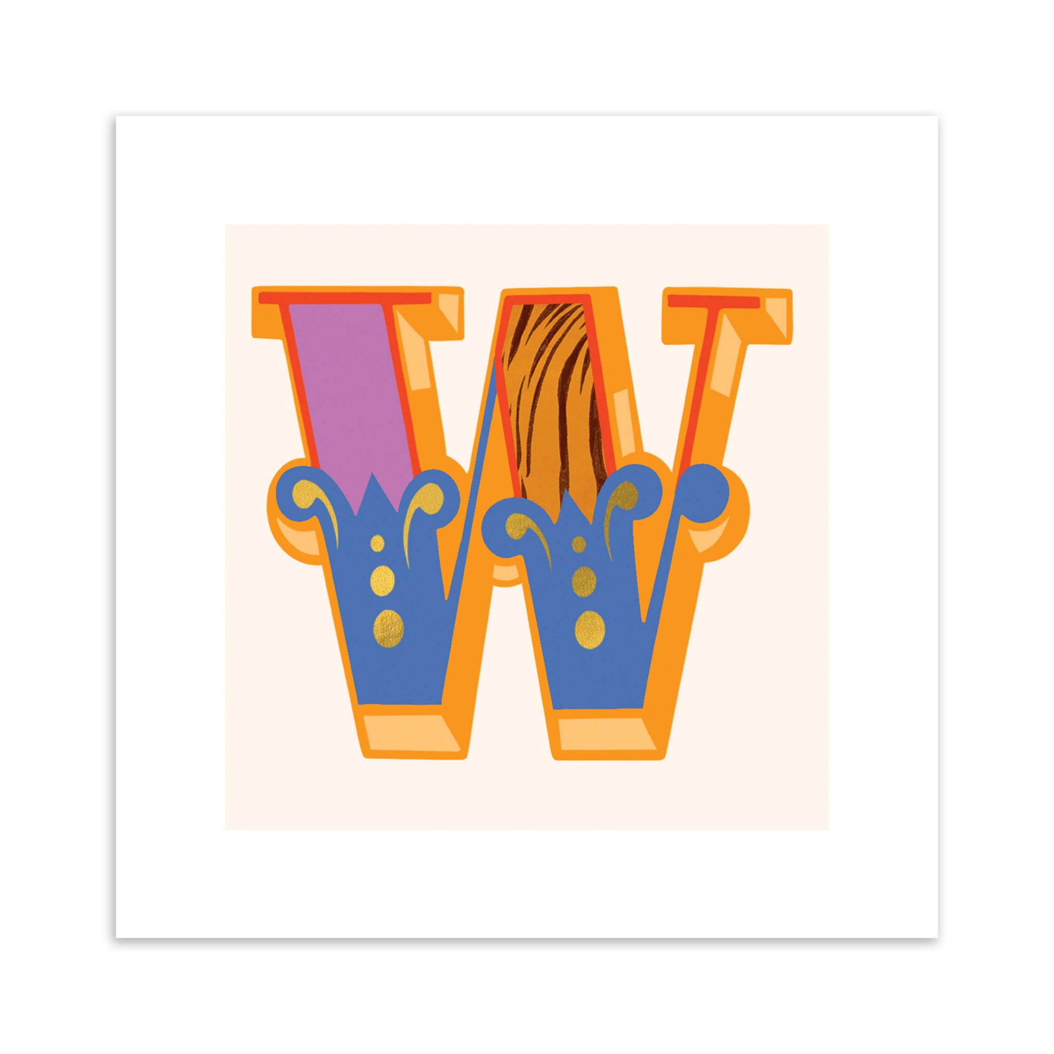 Colourful letter 'W' design on a beige background.
