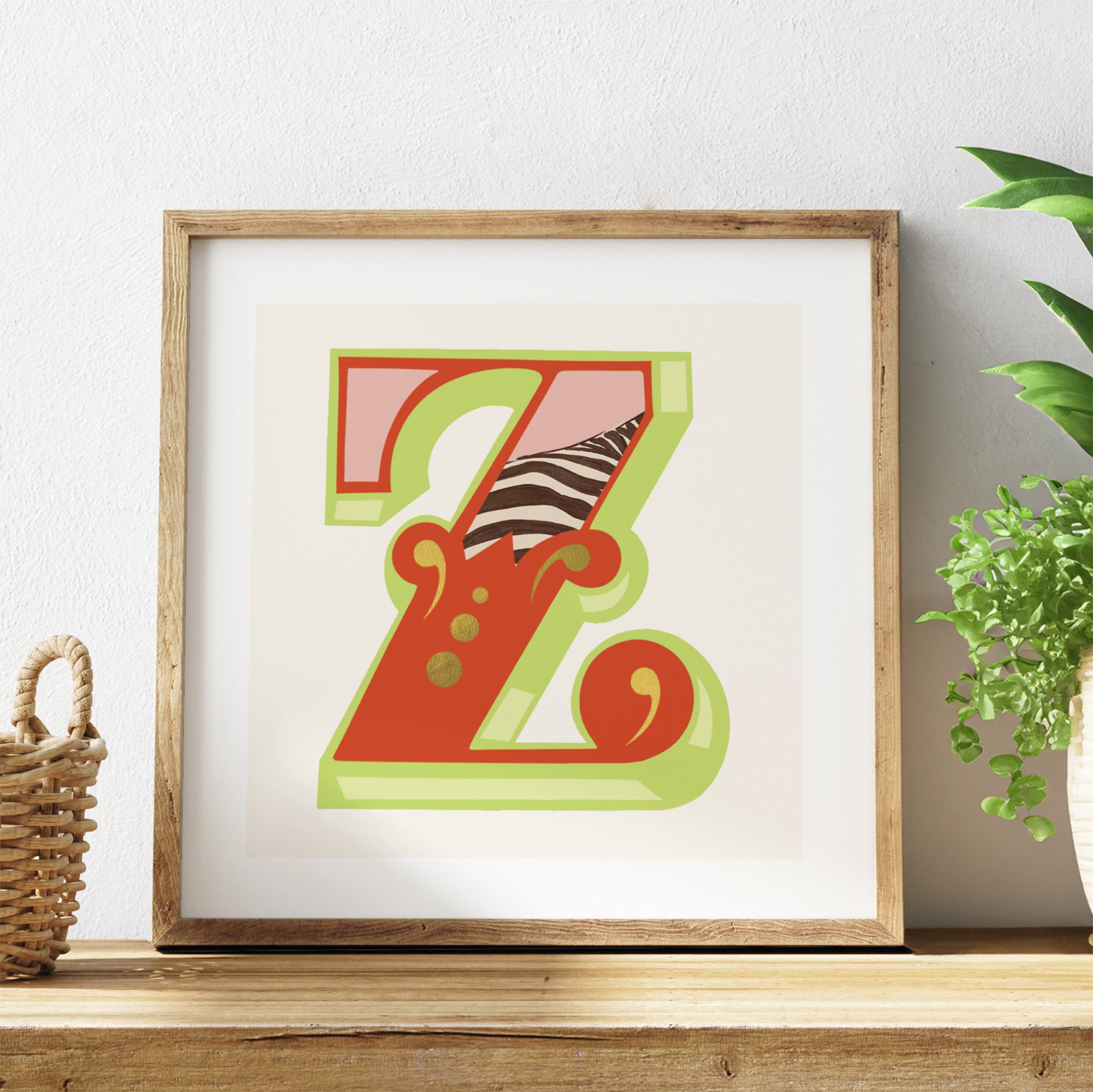 Framed artwork of a colourful letter 'Z' on a white background.