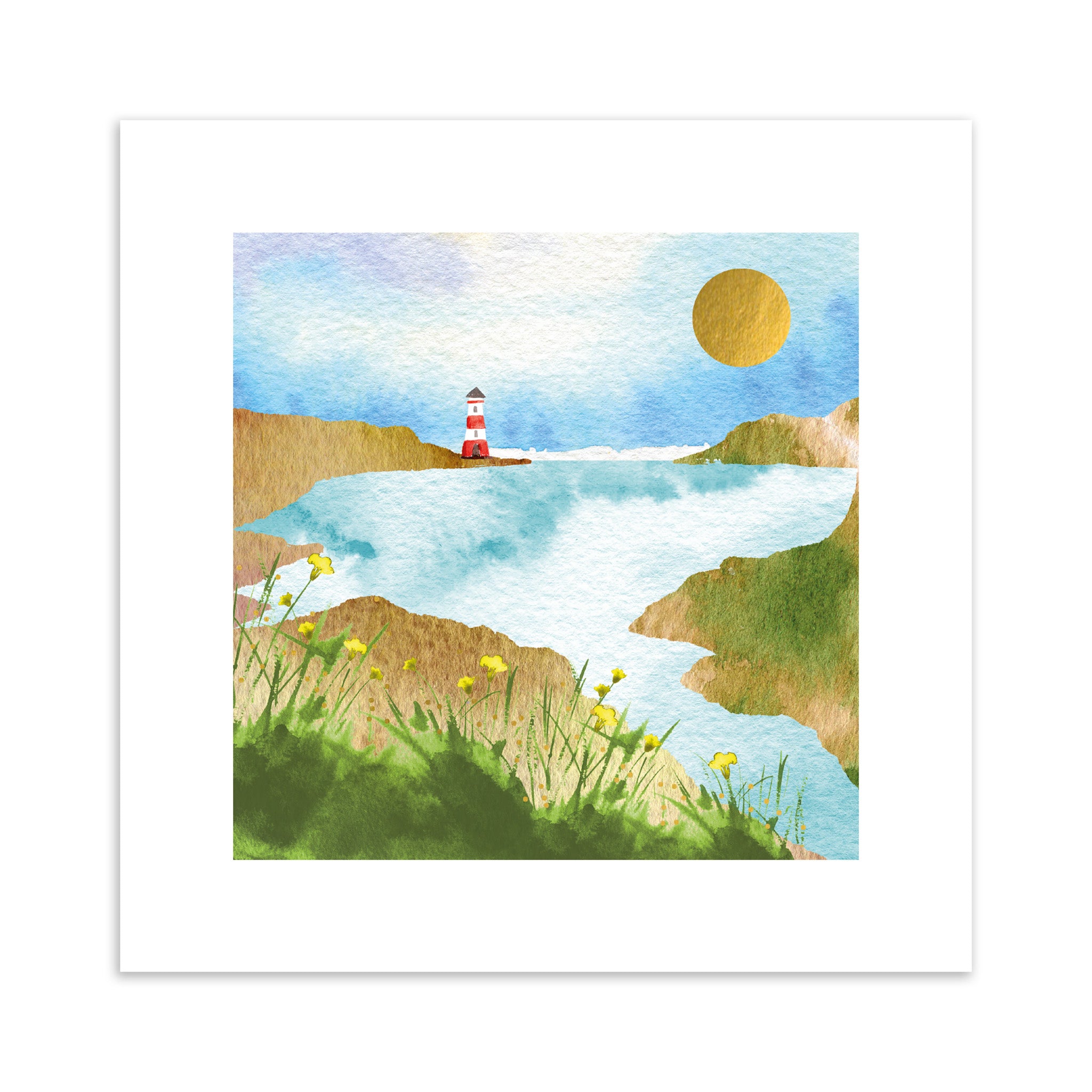 Lighthouse by a lake with a sun in the sky, watercolour style.