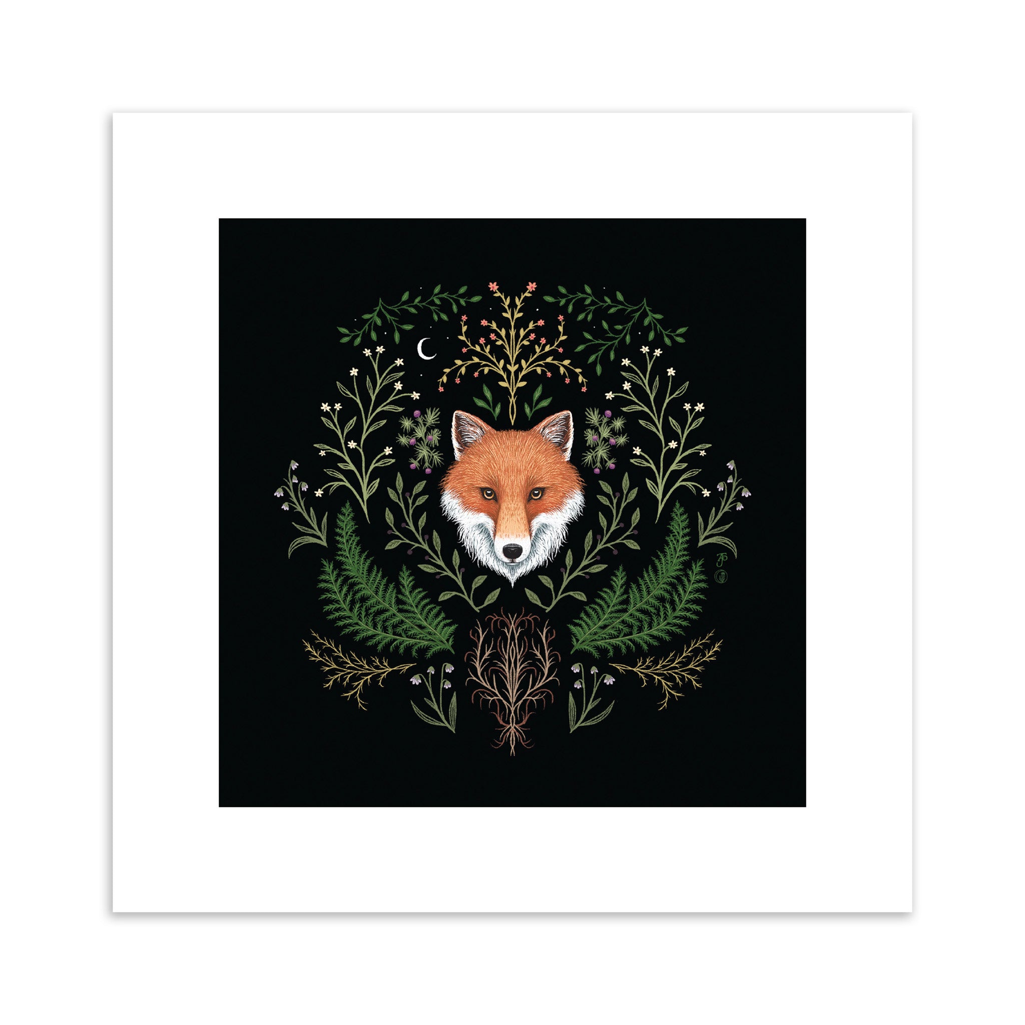 Art print featuring a British fox surrounded by botanicals on a black background.