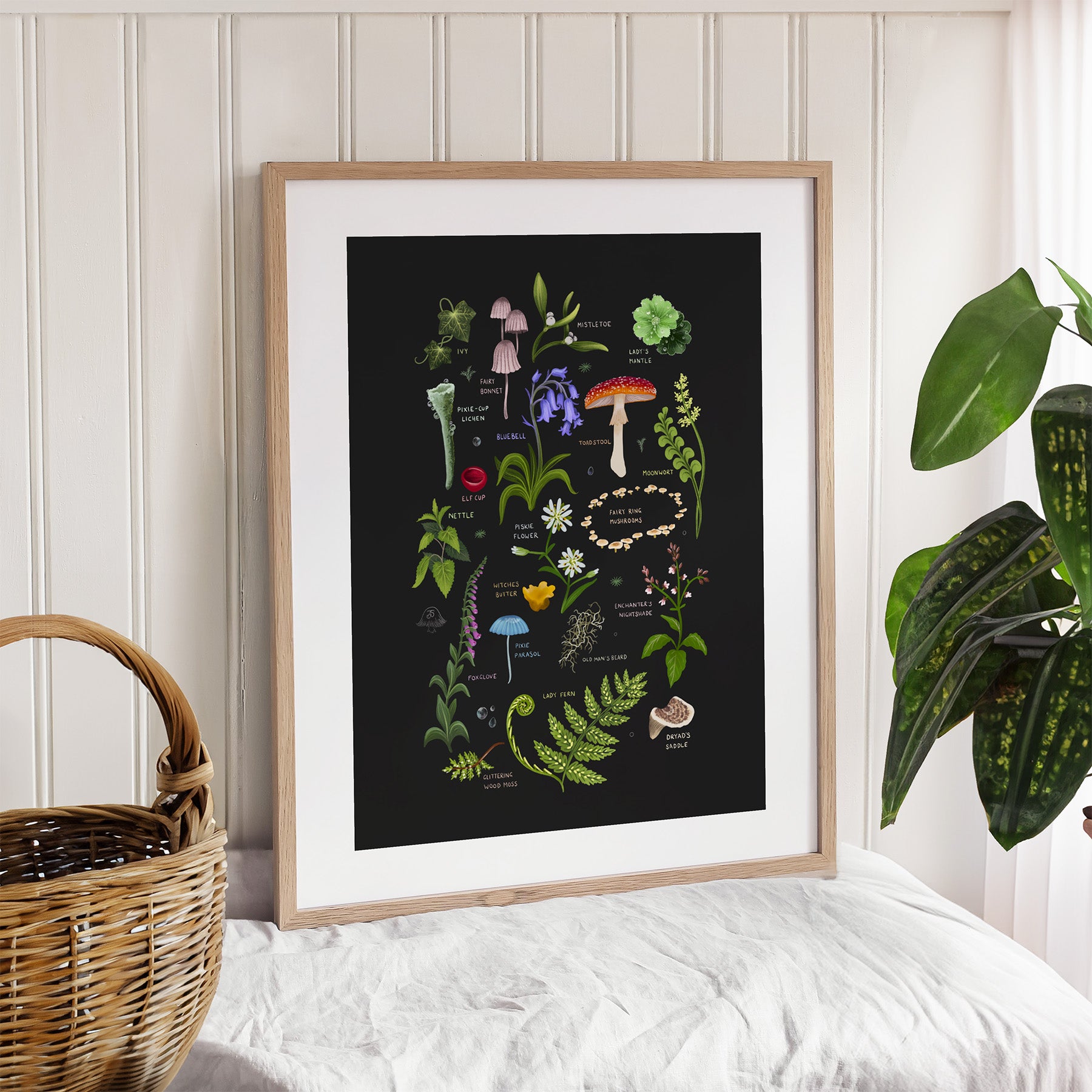 A framed art print featuring illustrations of fantasy flora from the woods, with titles on a black background. Print is leaning against a wall.