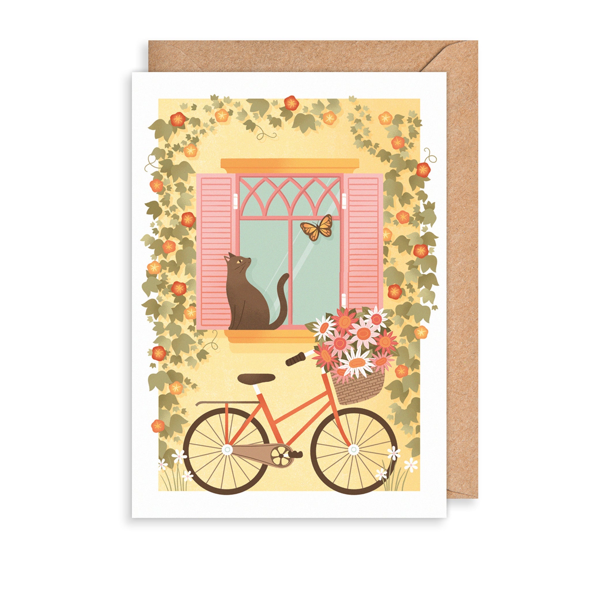 Cat on Floral Windowsill Everyday Card