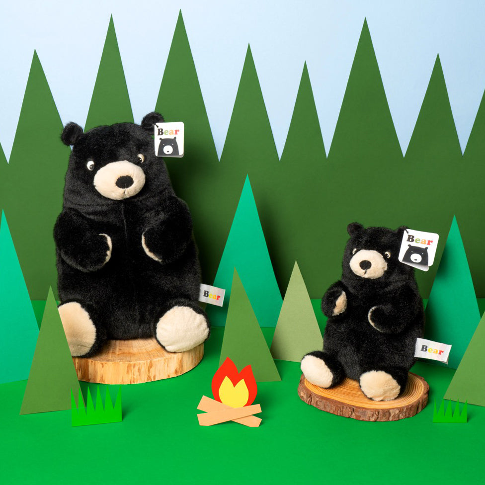 A photograph of two bear plush toys sitting in front of a studio background.