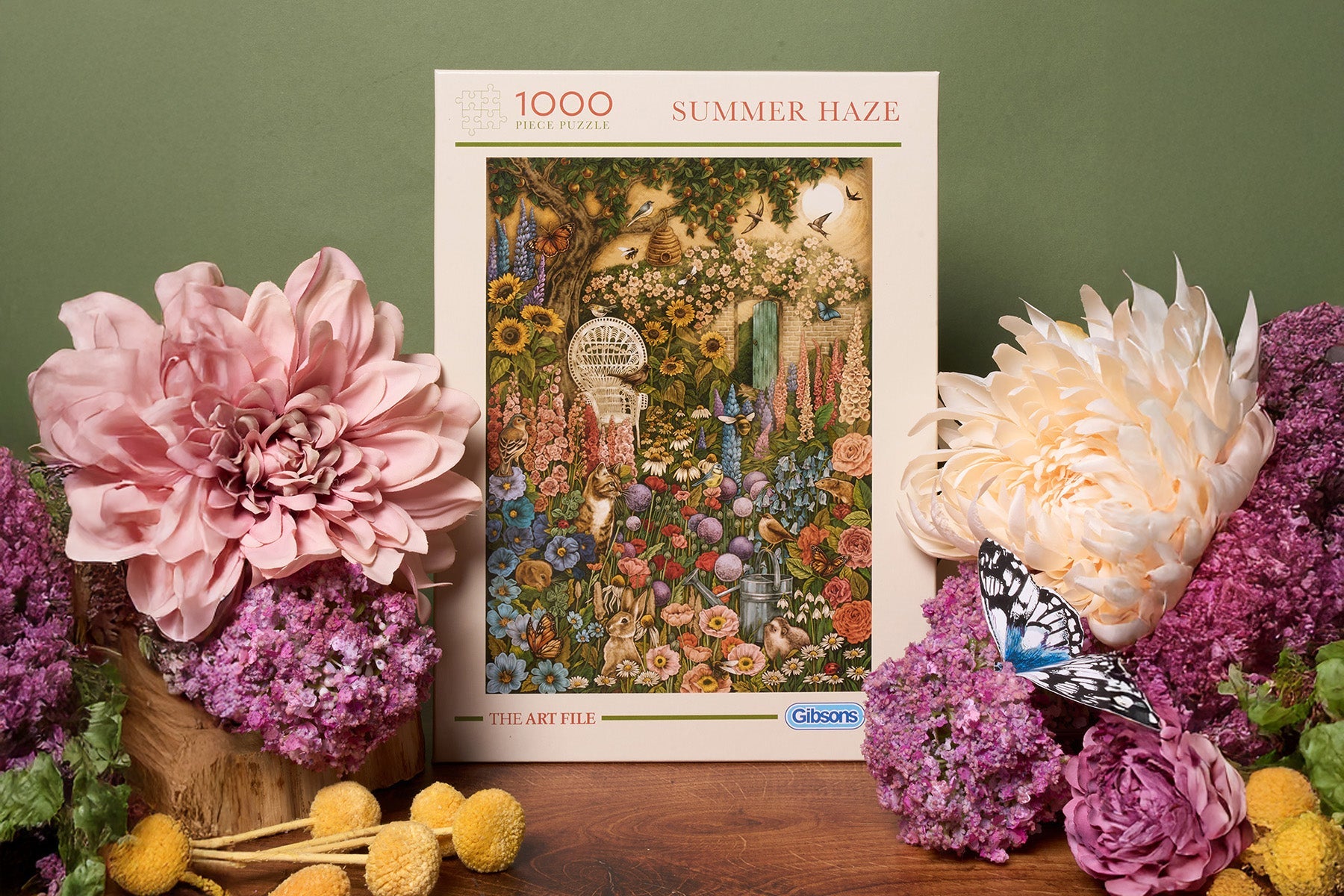 A summer jigsaw puzzle surrounded by flowers.