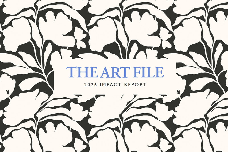 The Art File logo surrounded by a black and cream floral design.