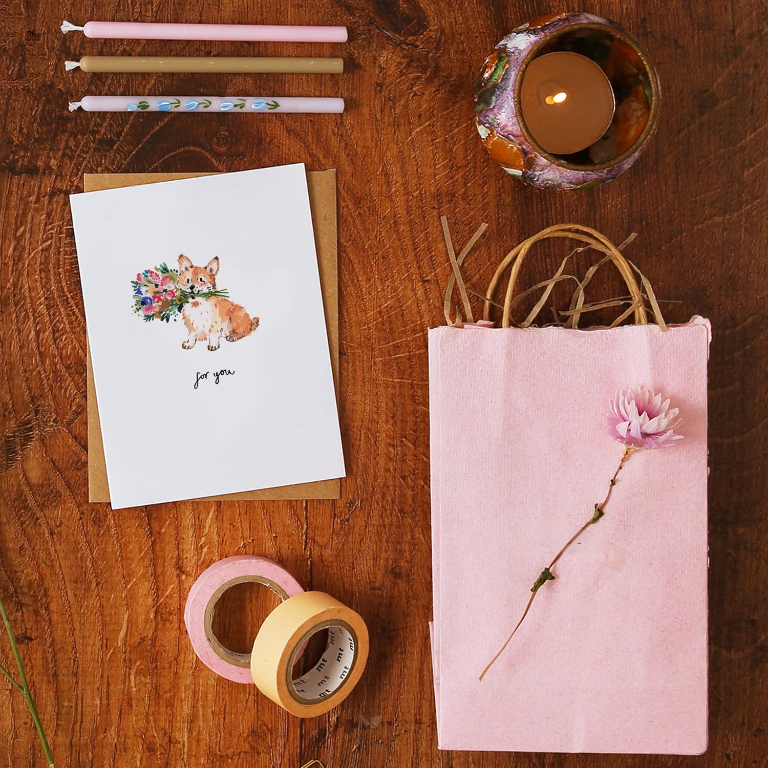 Corgi and Flowers For You Mini Card