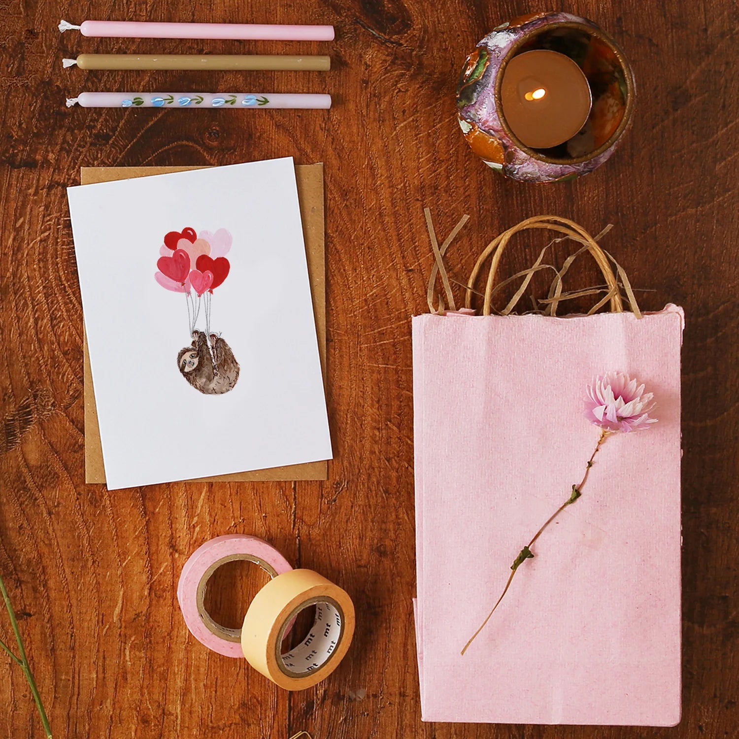 Sloth and Heart Balloons Mini Card