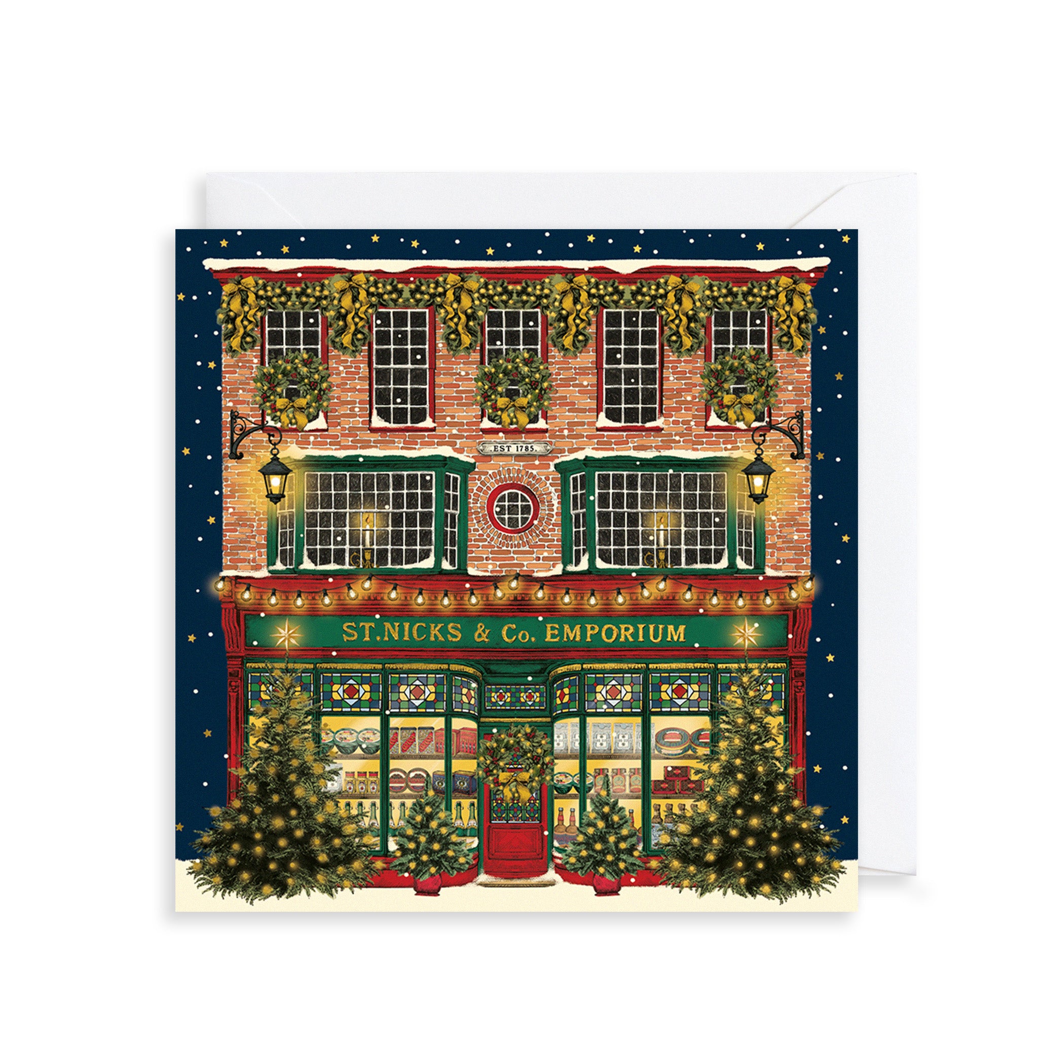Christmas-themed card with a festive store front design on a white background