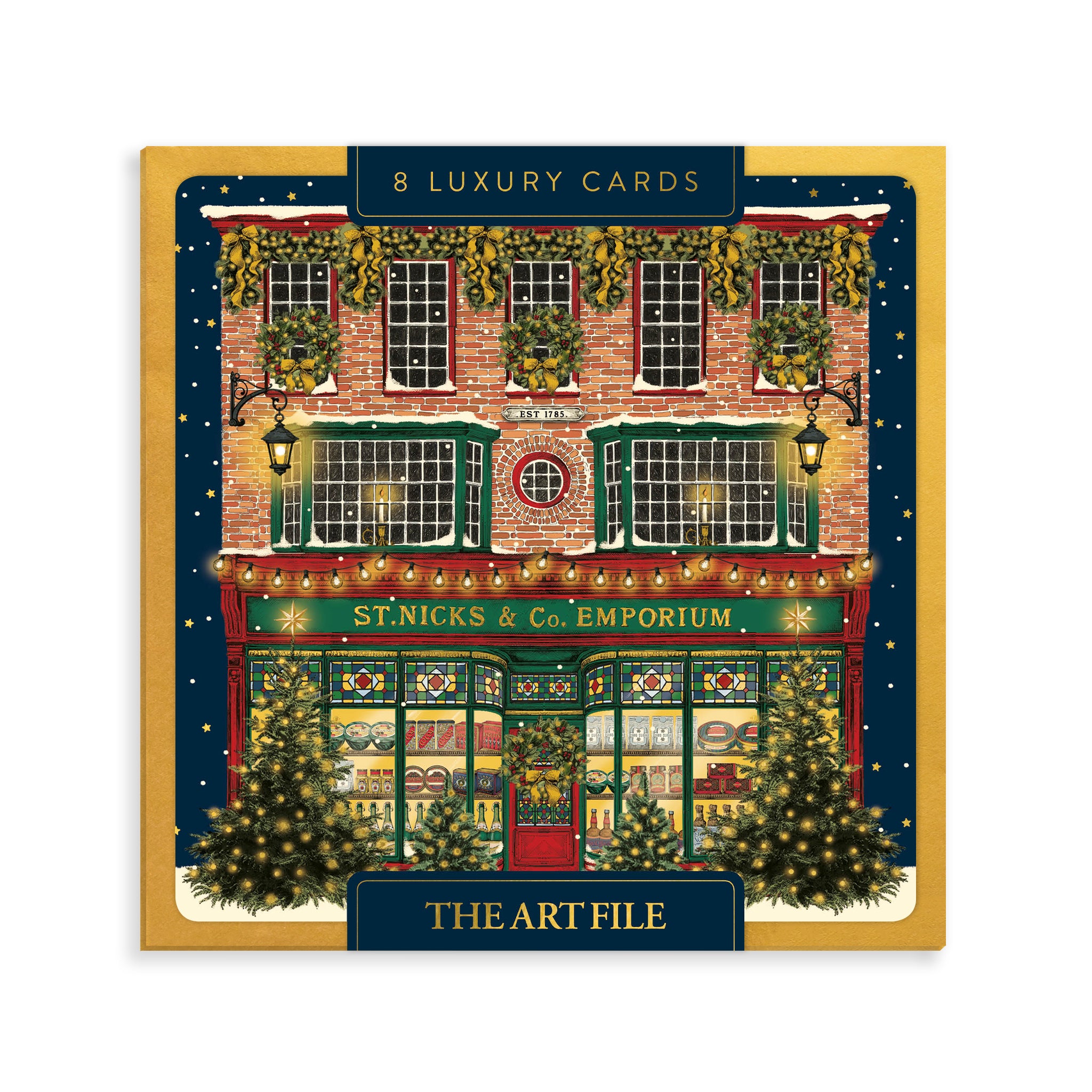 Pack of 8 luxury Christmas cards with a festive store front design on the cover.