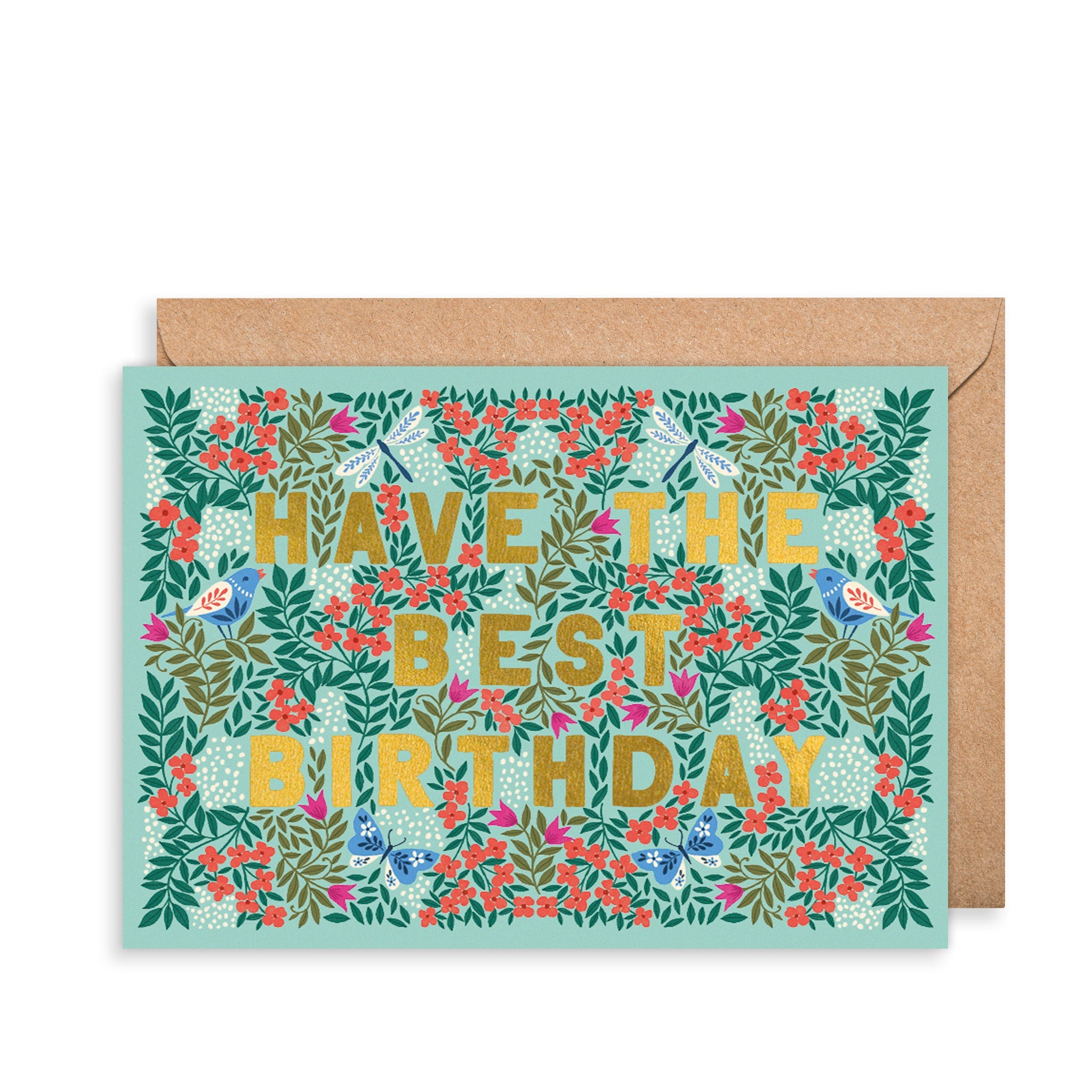 Birds & Flowers on Blue Birthday Card