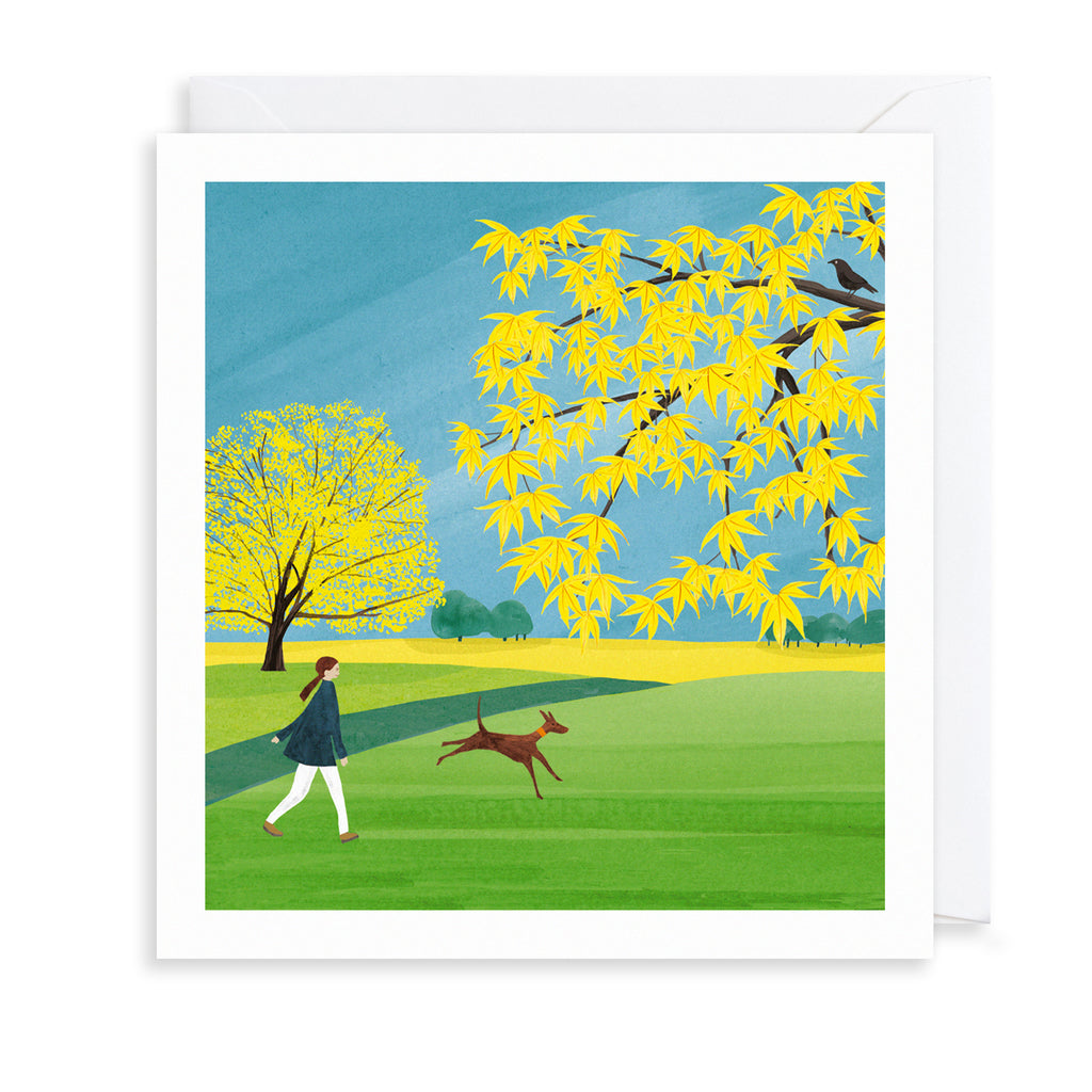 Yellow Leaves & Dog Walker Greetings Card The Art File