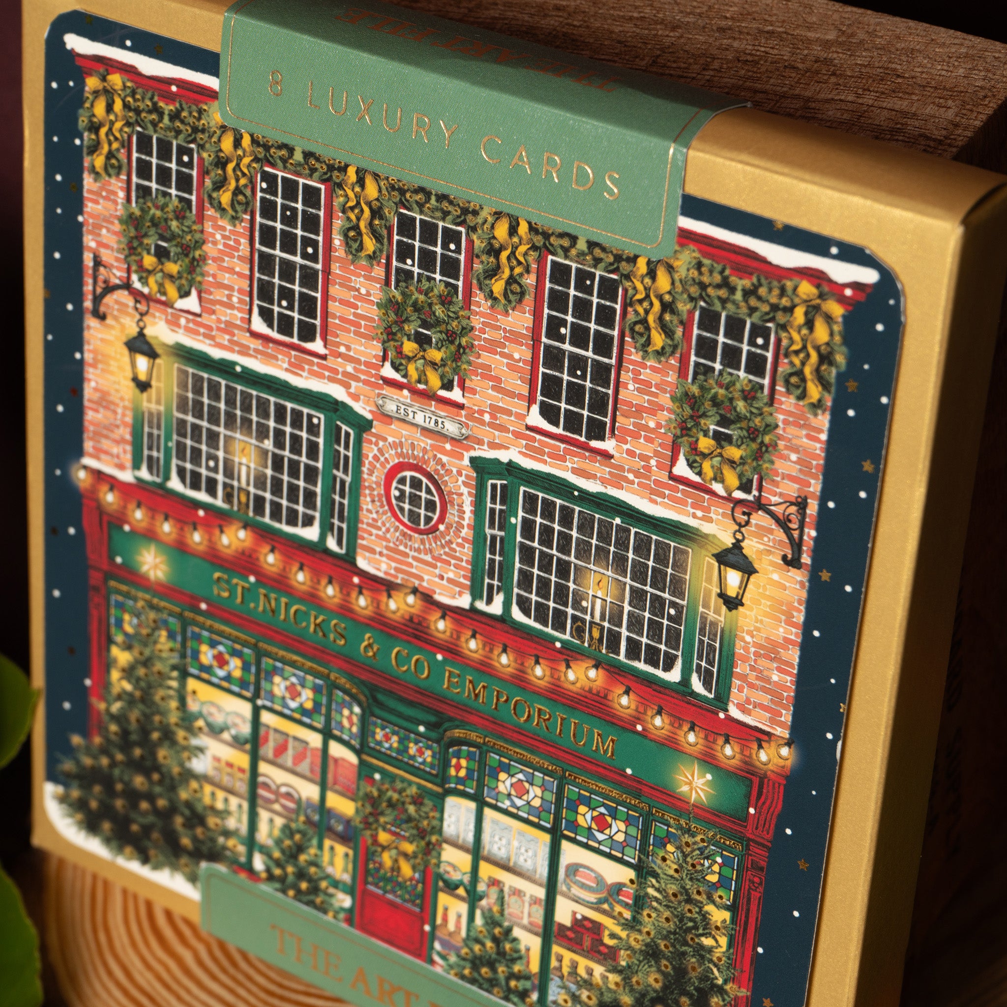 Box of luxury cards with a festive building design on the cover