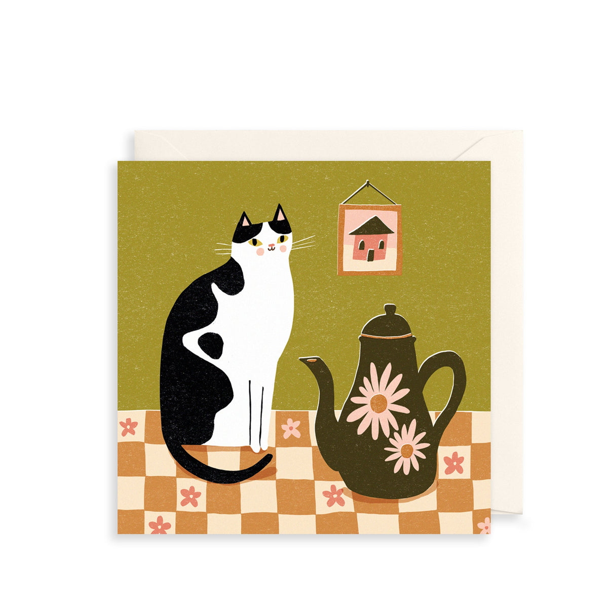 Cow Cat & Floral Teapot Everyday Card