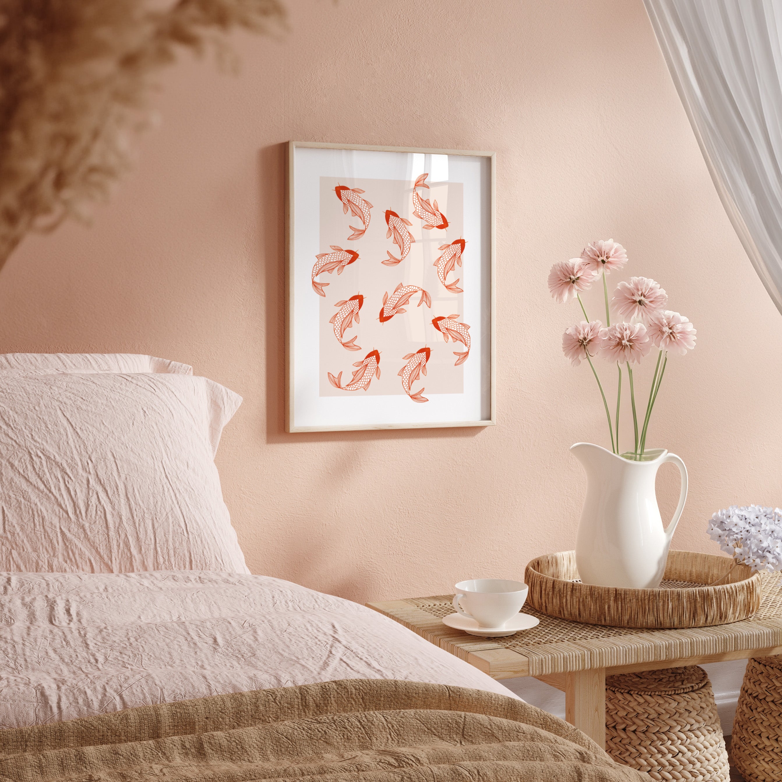 Bedroom with a bed, bedside table, and wall art on a pink wall.
