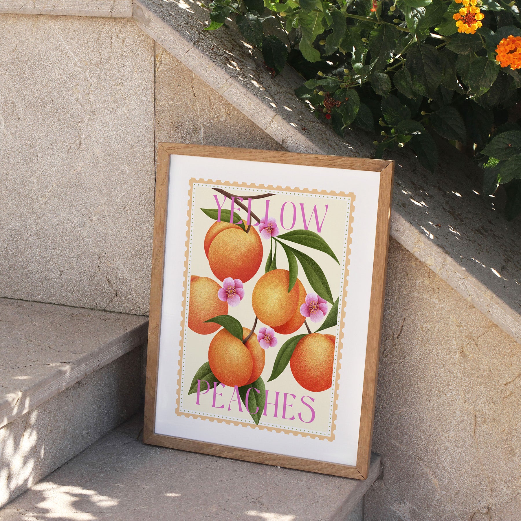 Framed artwork of peaches and flowers on a stone step.