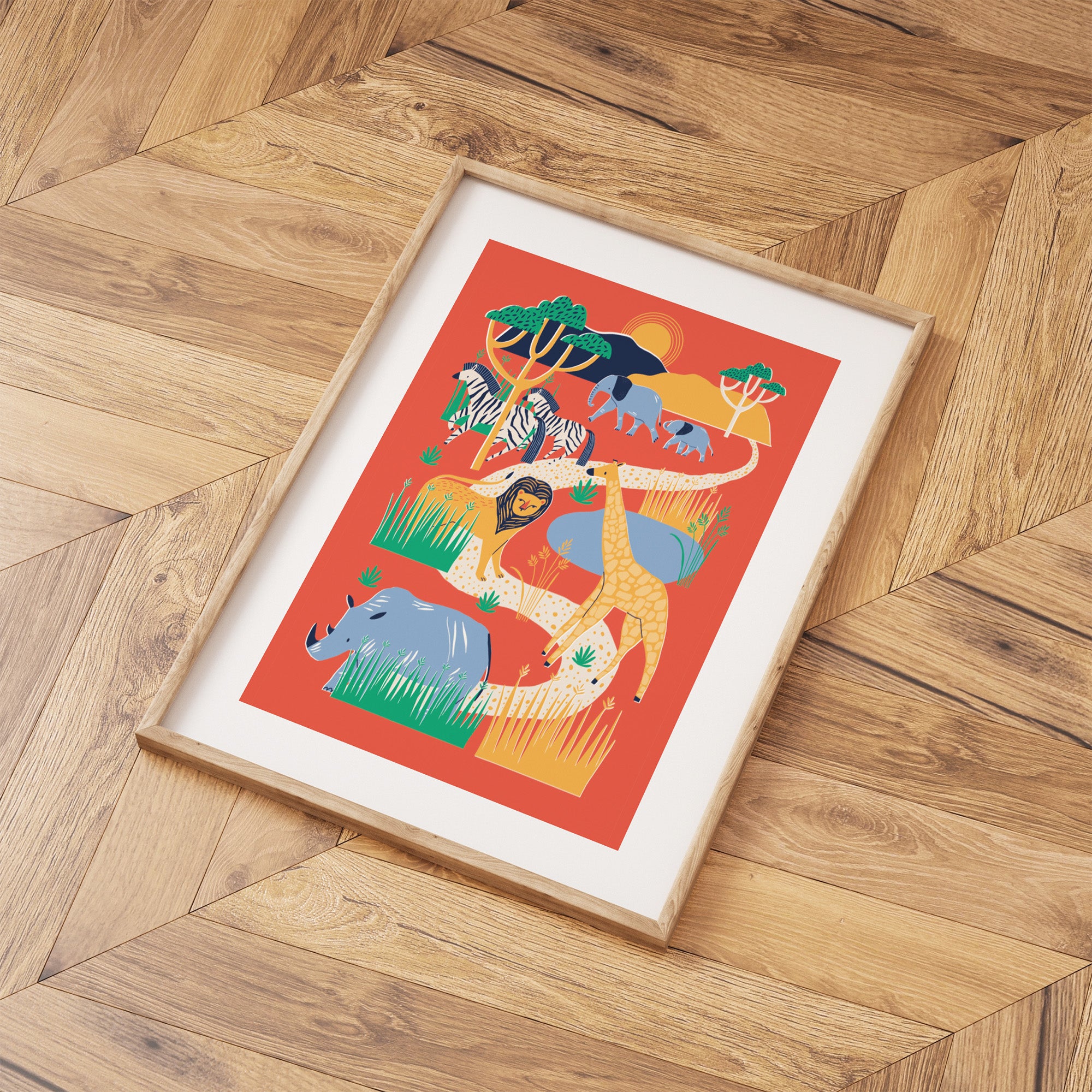 Framed children's poster with coluorful animal illustrations on a wooden floor.
