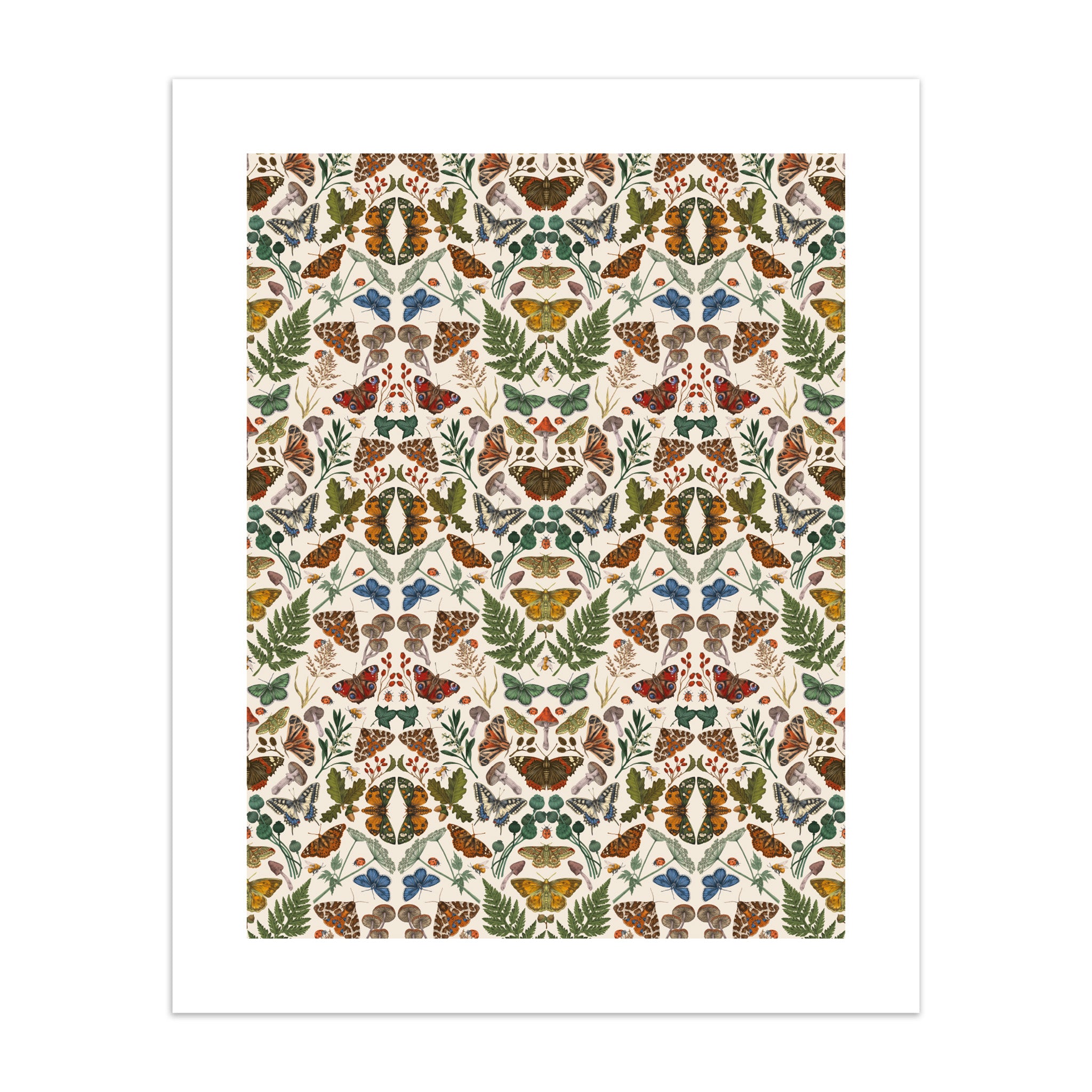 Patterned art print design with butterflies and leaves on a white background.
