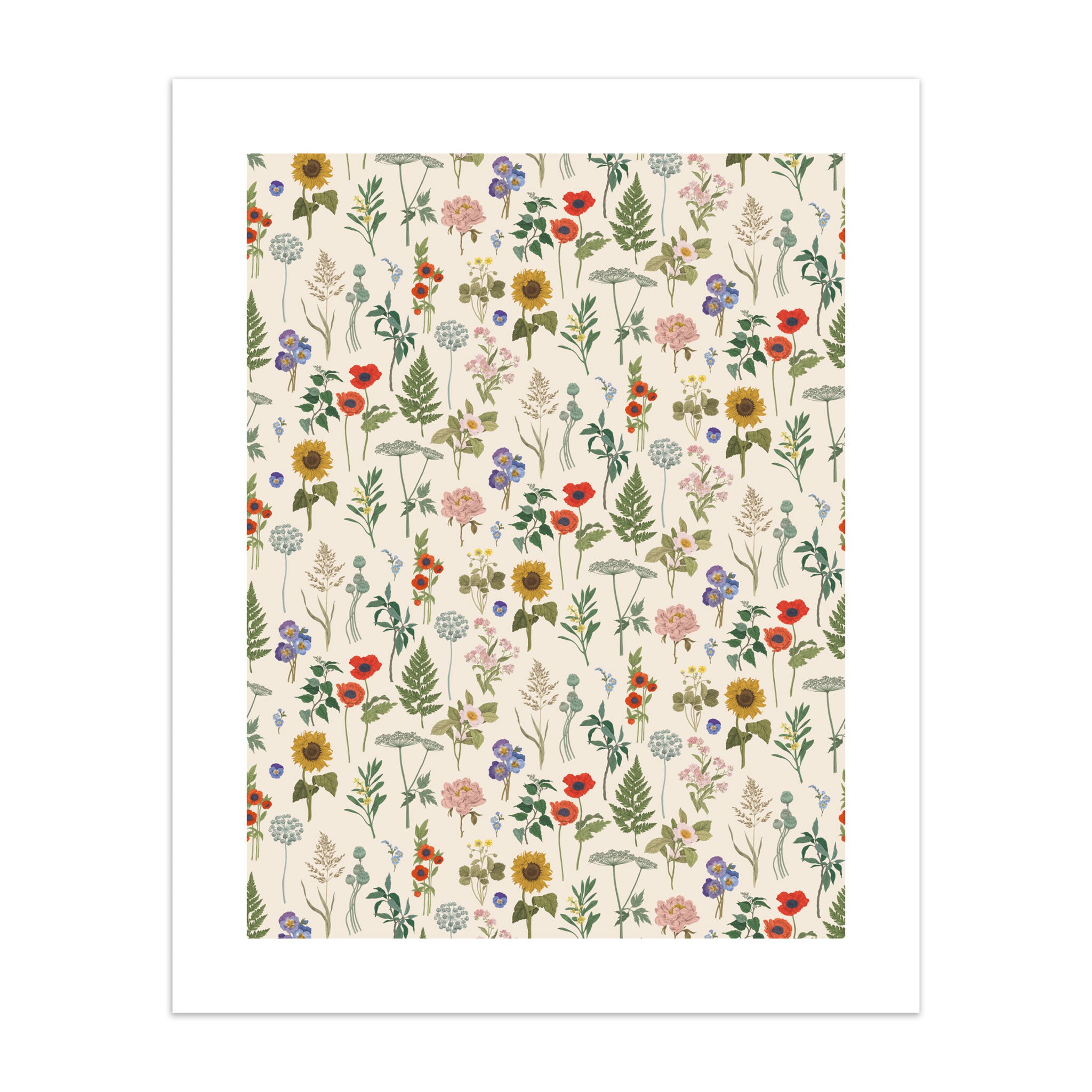 Art print of various flowers on a beige background.