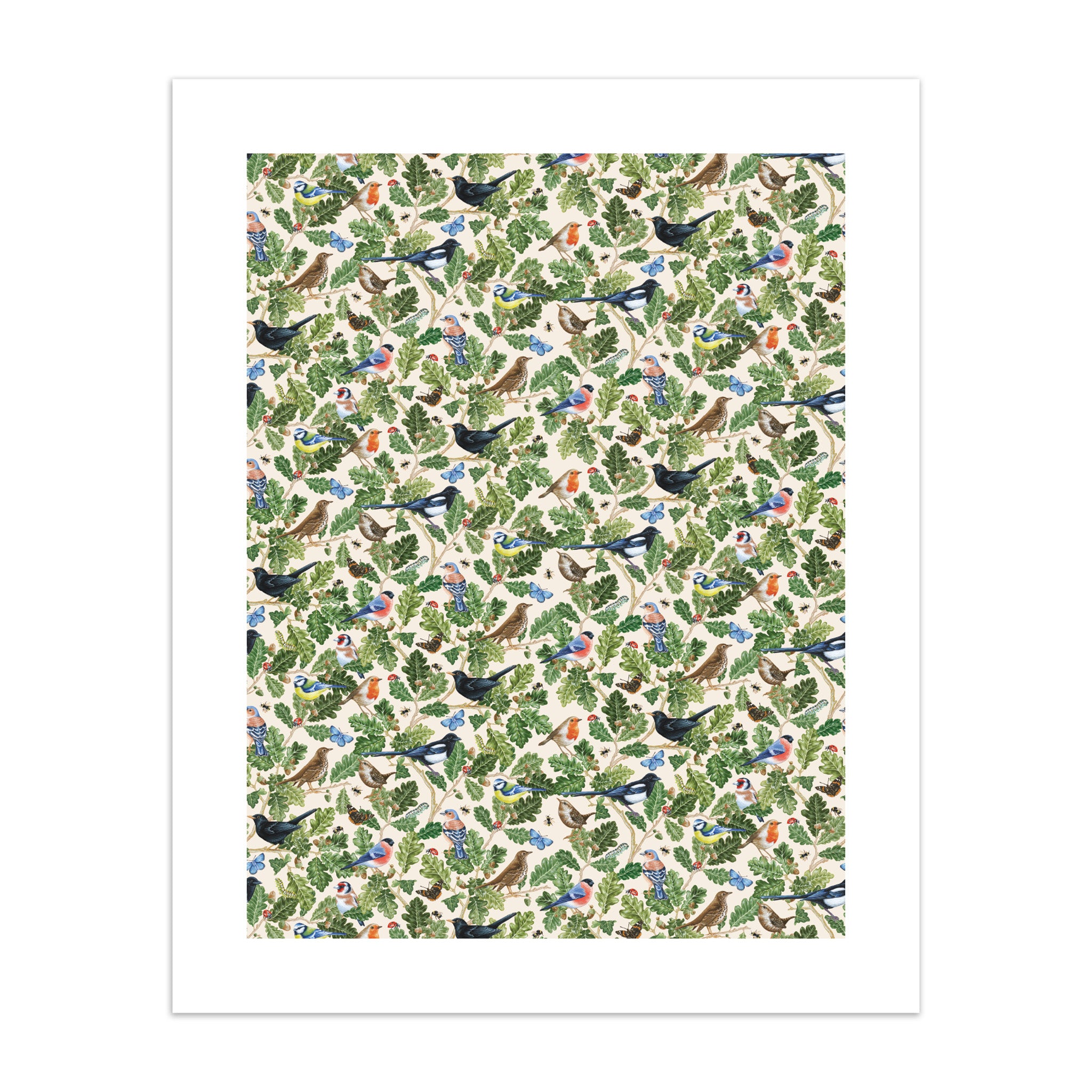 Patterned art print with birds and foliage on a white background.