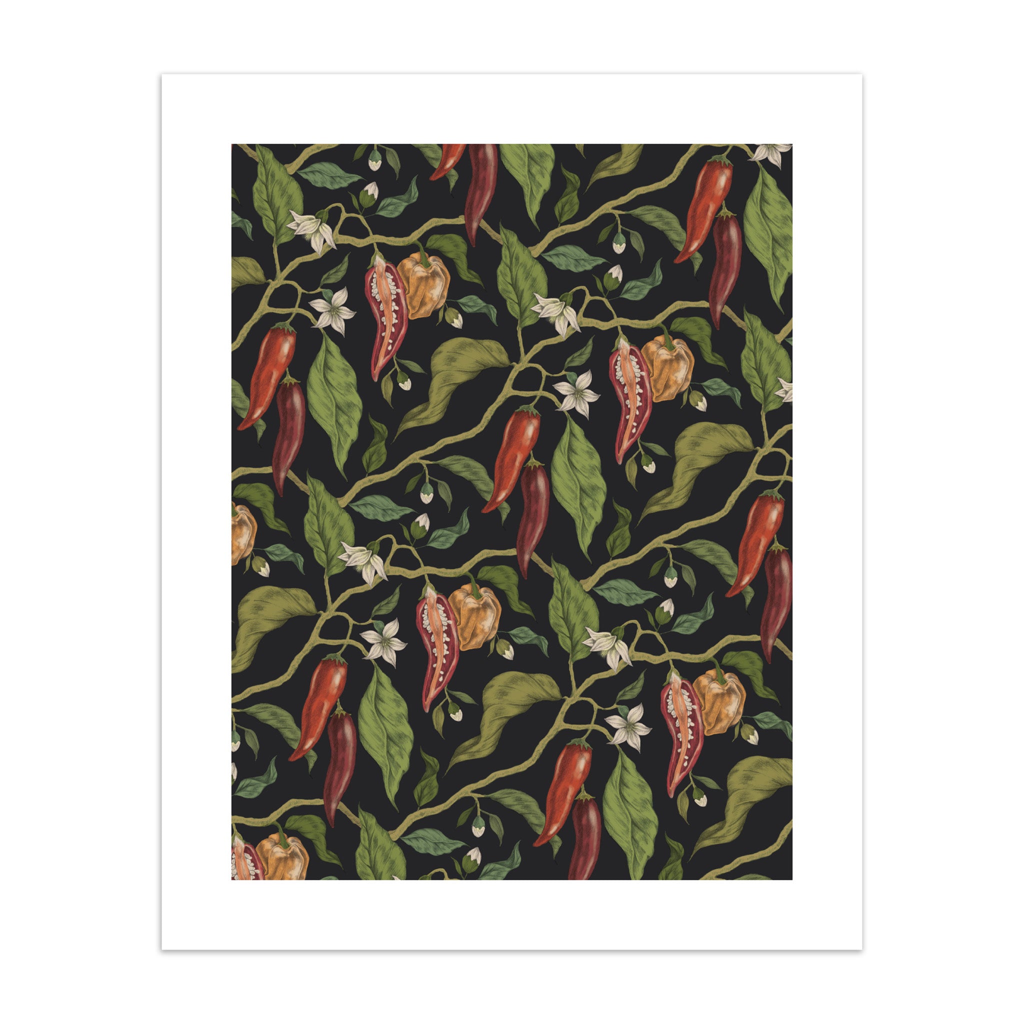 Patterned art print of red peppers and green leaves on a black background.
