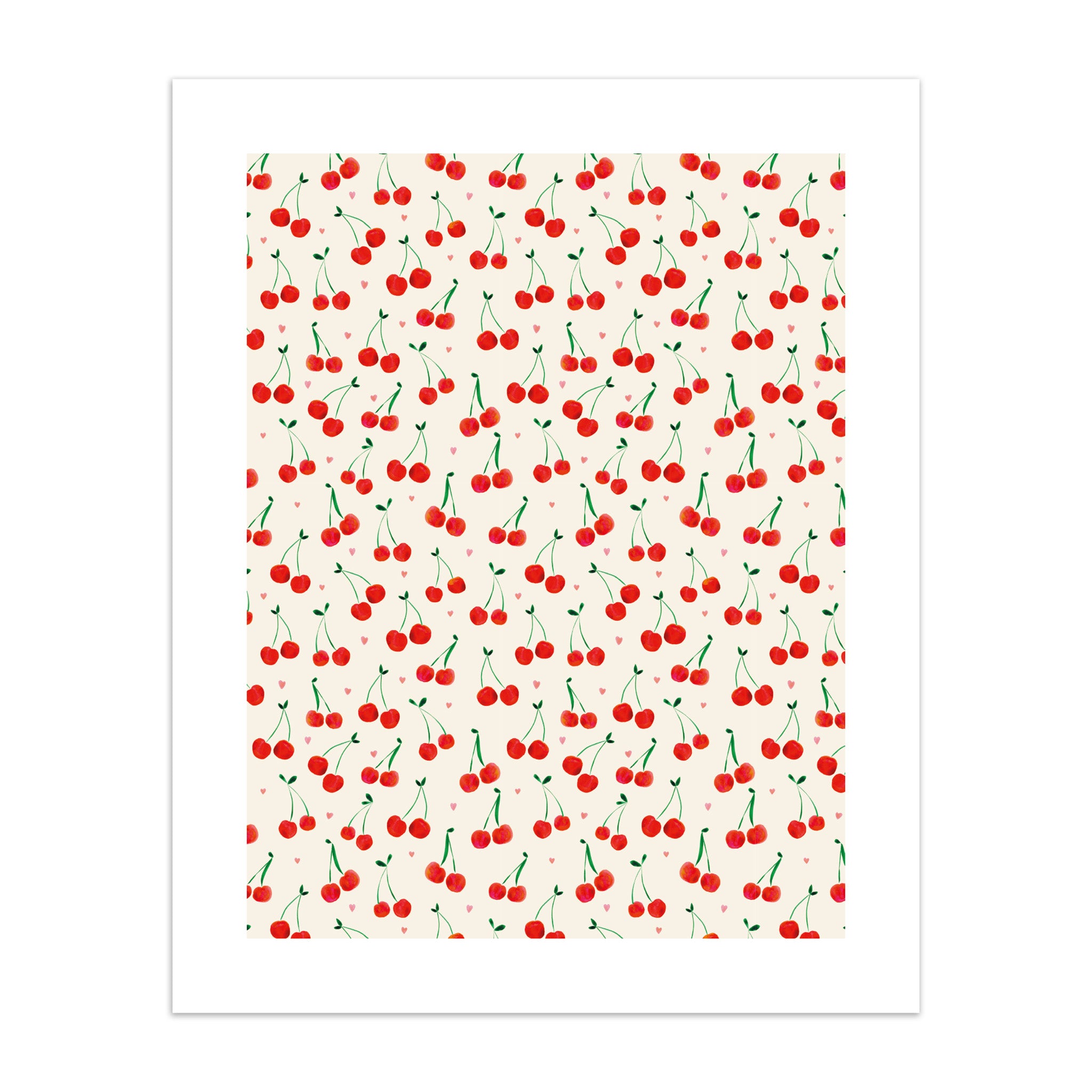 Art print of a pattern of red cherries on a white background.
