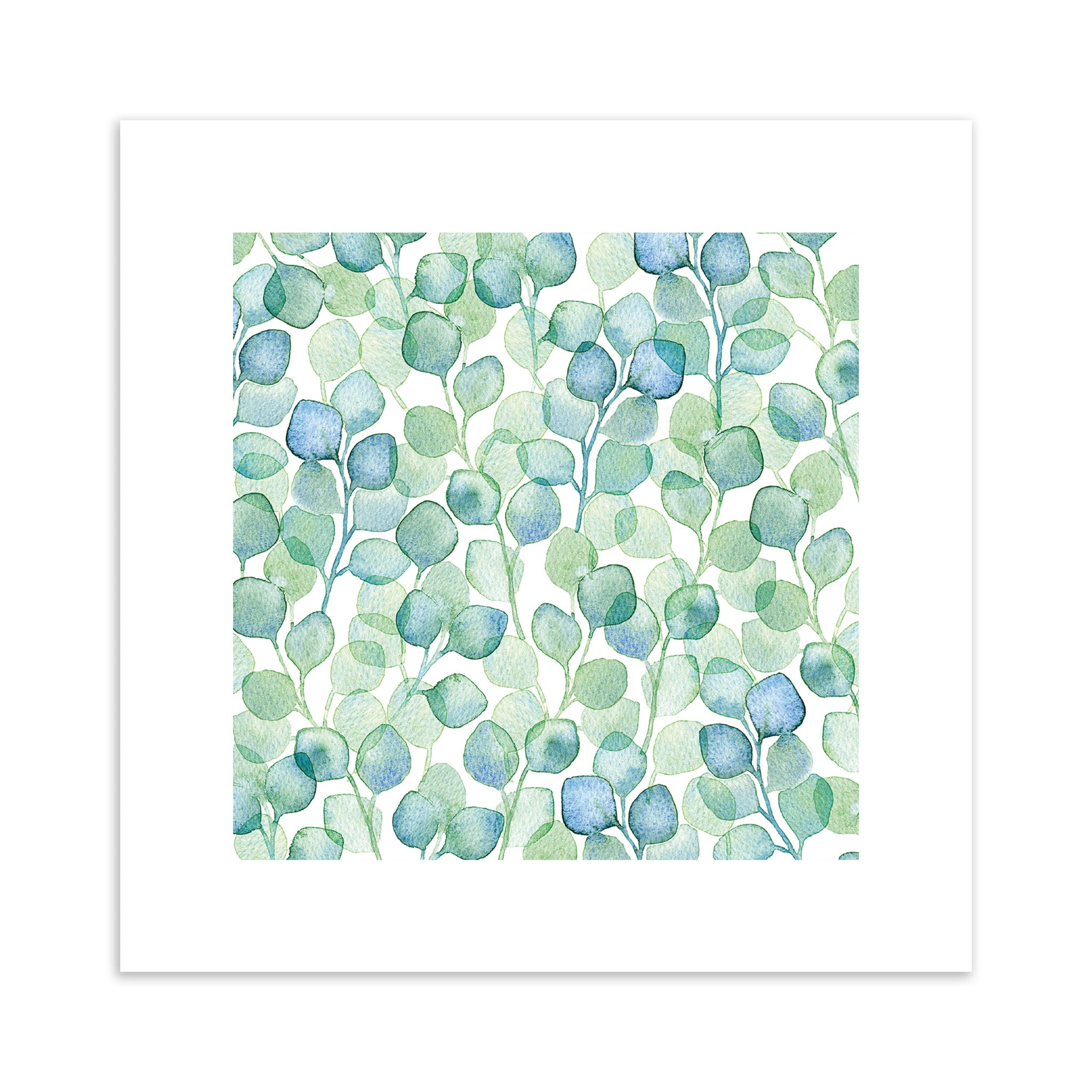 Framed artwork with a green and blue leaf pattern on a white background.