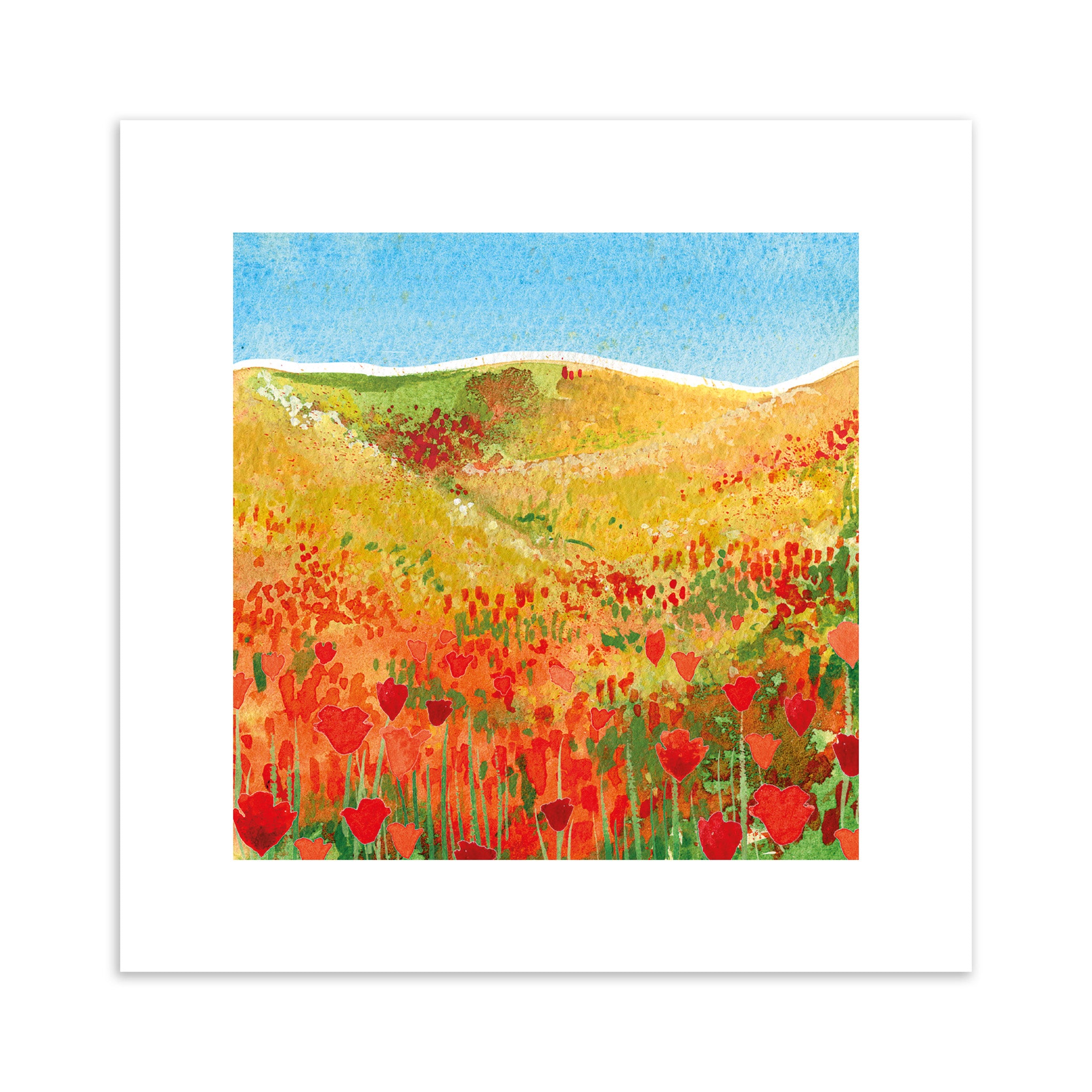 Artistic depiction of a field with red flowers and a blue sky.