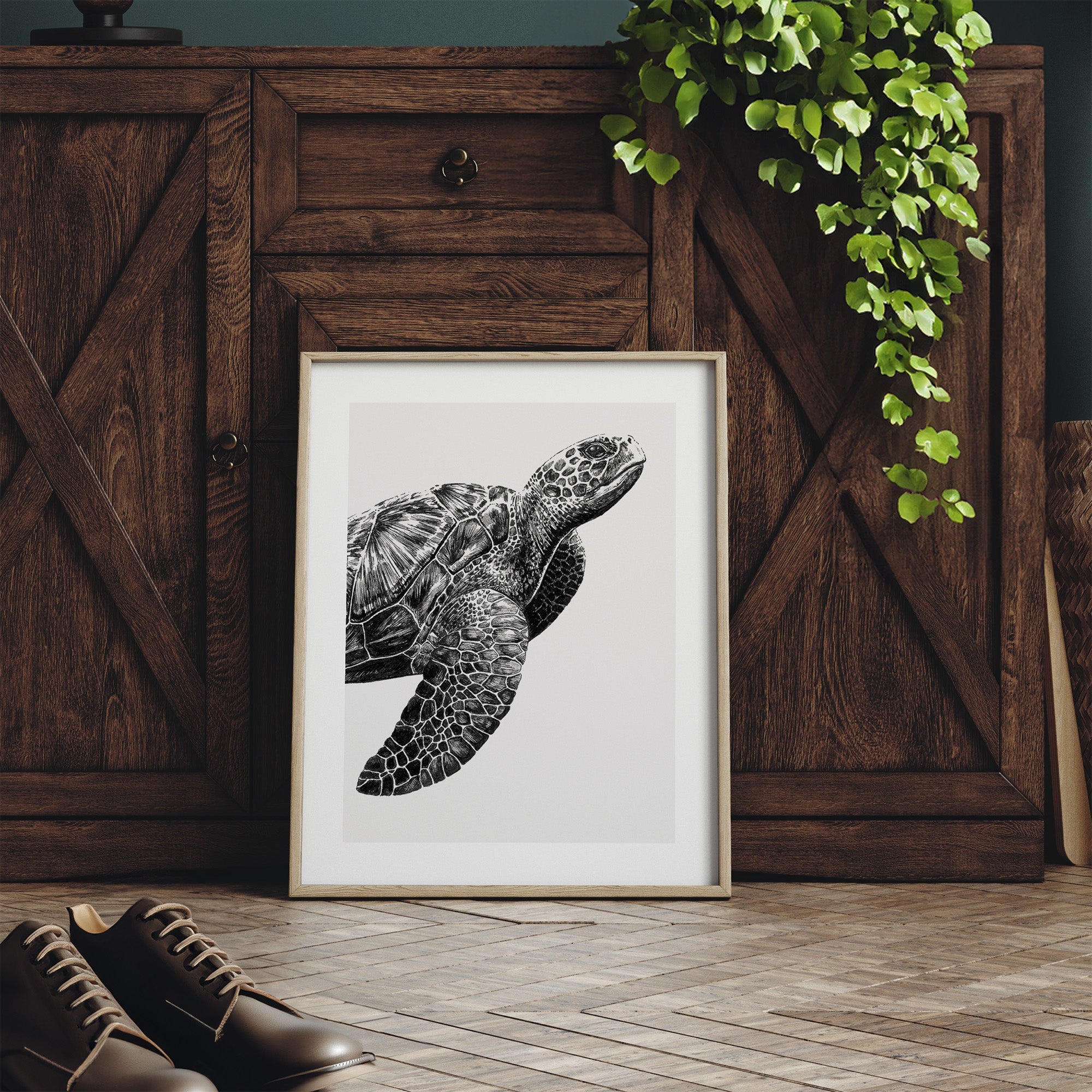 Framed black and white turtle print on a wooden floor with a wooden cabinet and shoes in the background.