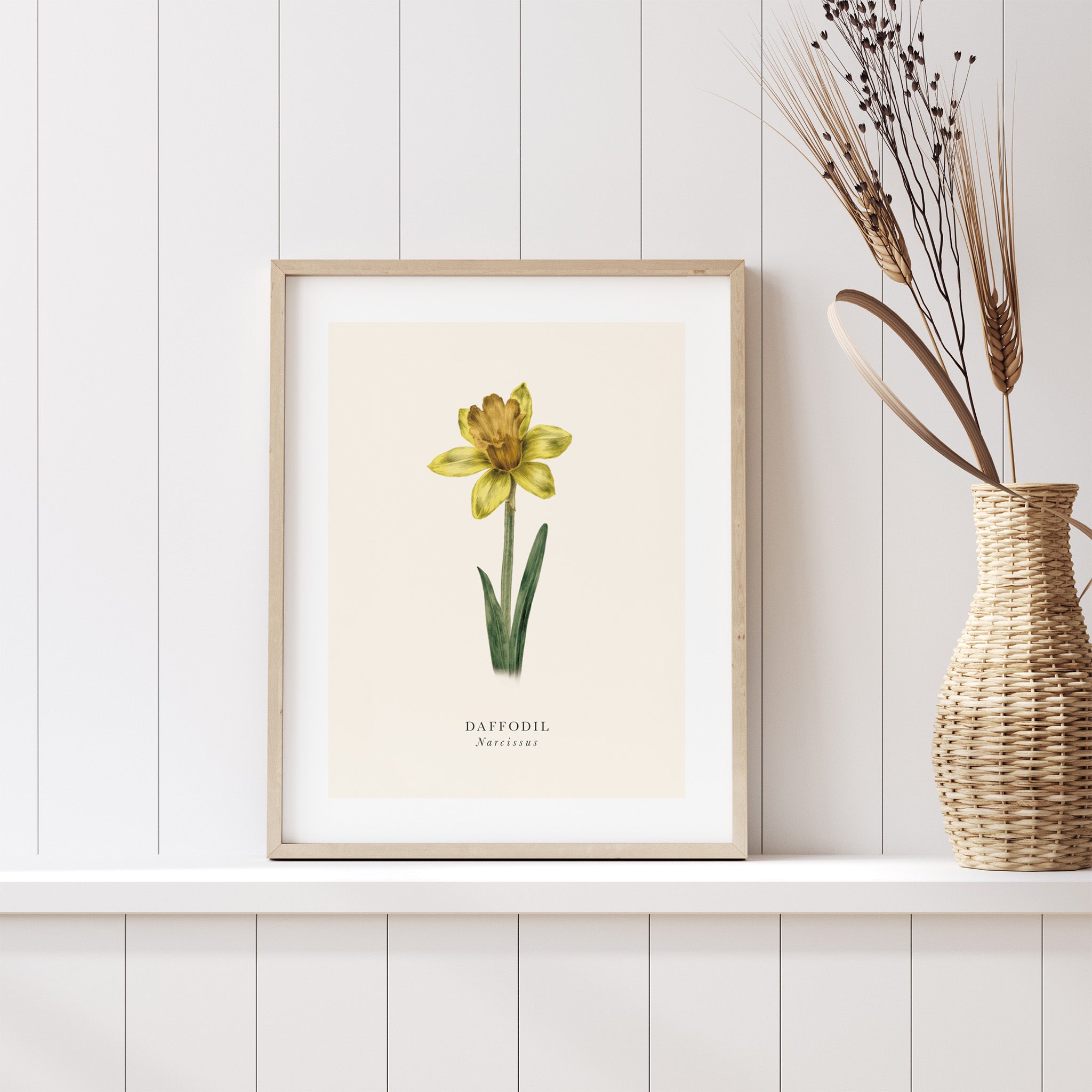 Framed botanical print of a yellow flower on a white wall with a woven vase.