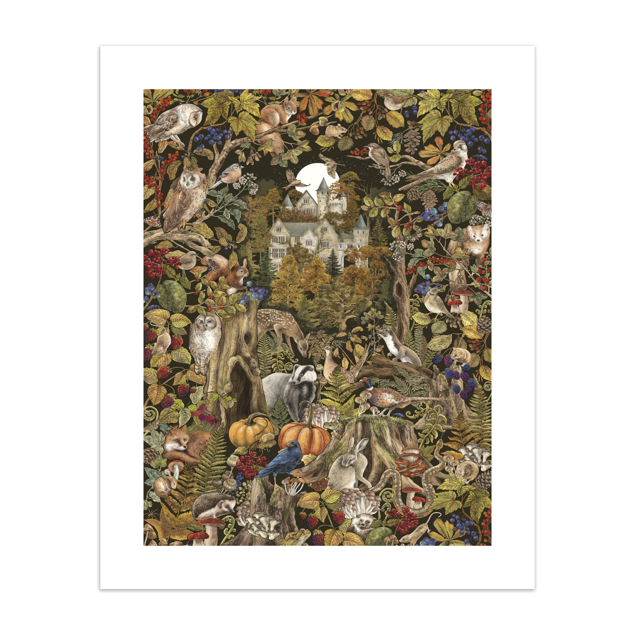Framed artwork of an Autumn nature scene with animals and a castle.