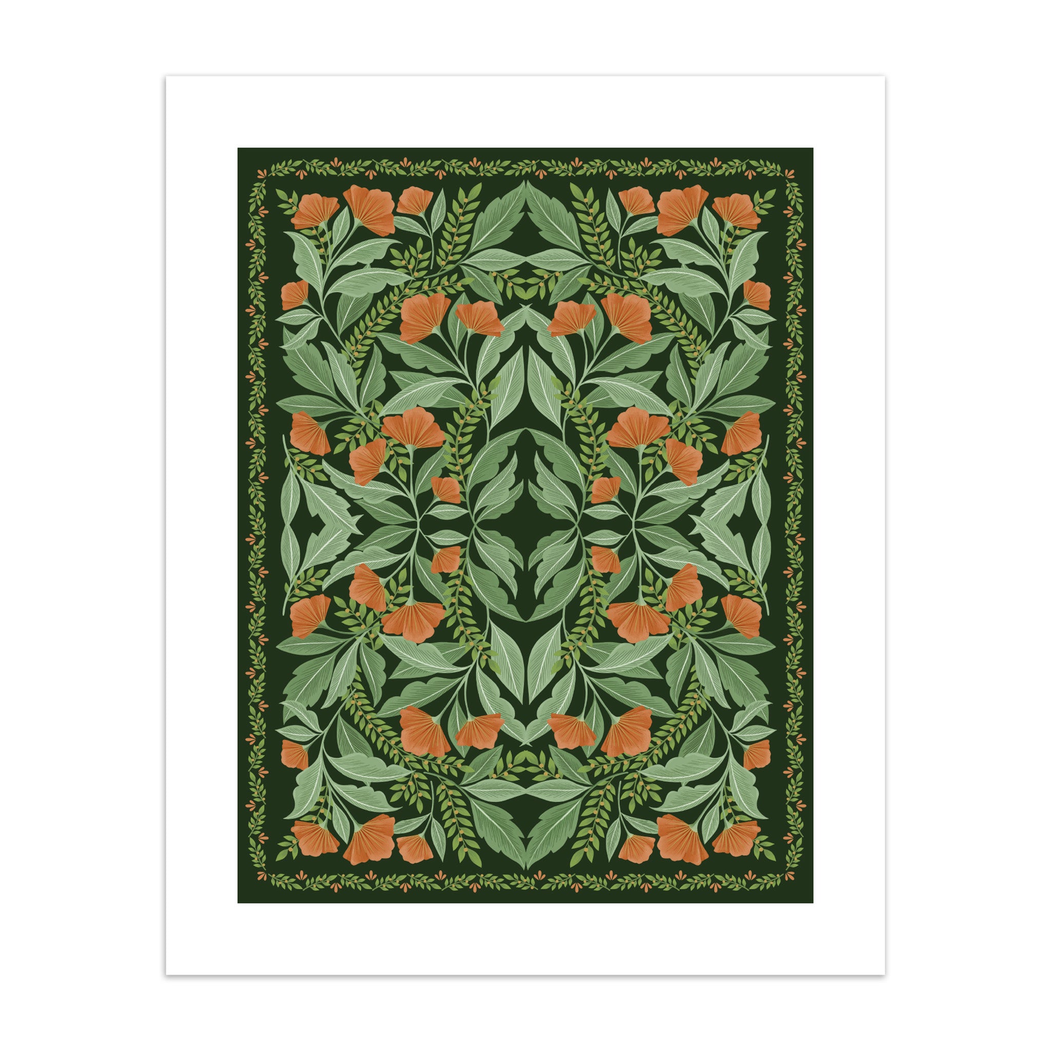 Decorative print with floral pattern on a green background.
