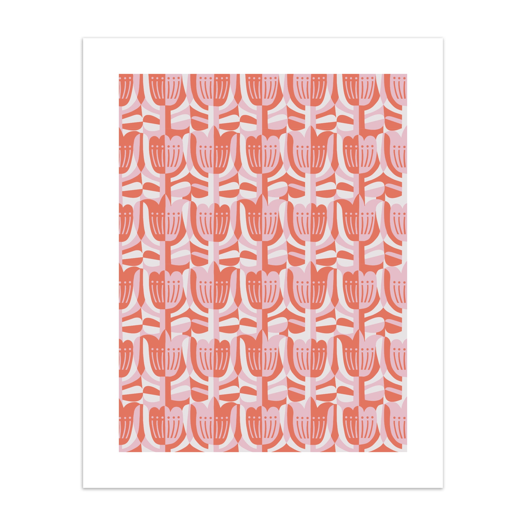 Patterned print with a pink and white tulip design on a white background.