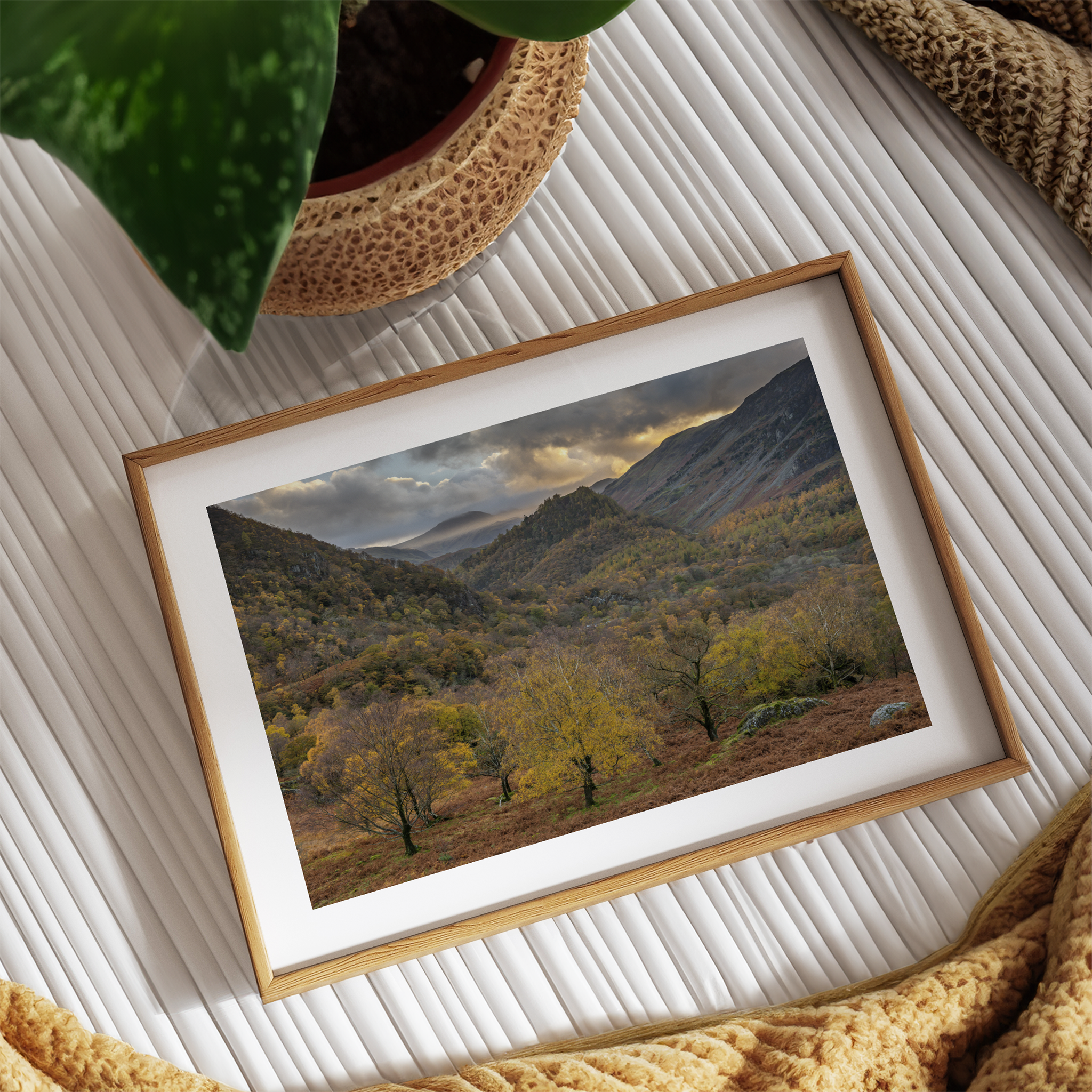 Framed landscape print of a mountainous scene on a textured surface with a plant and fabric.