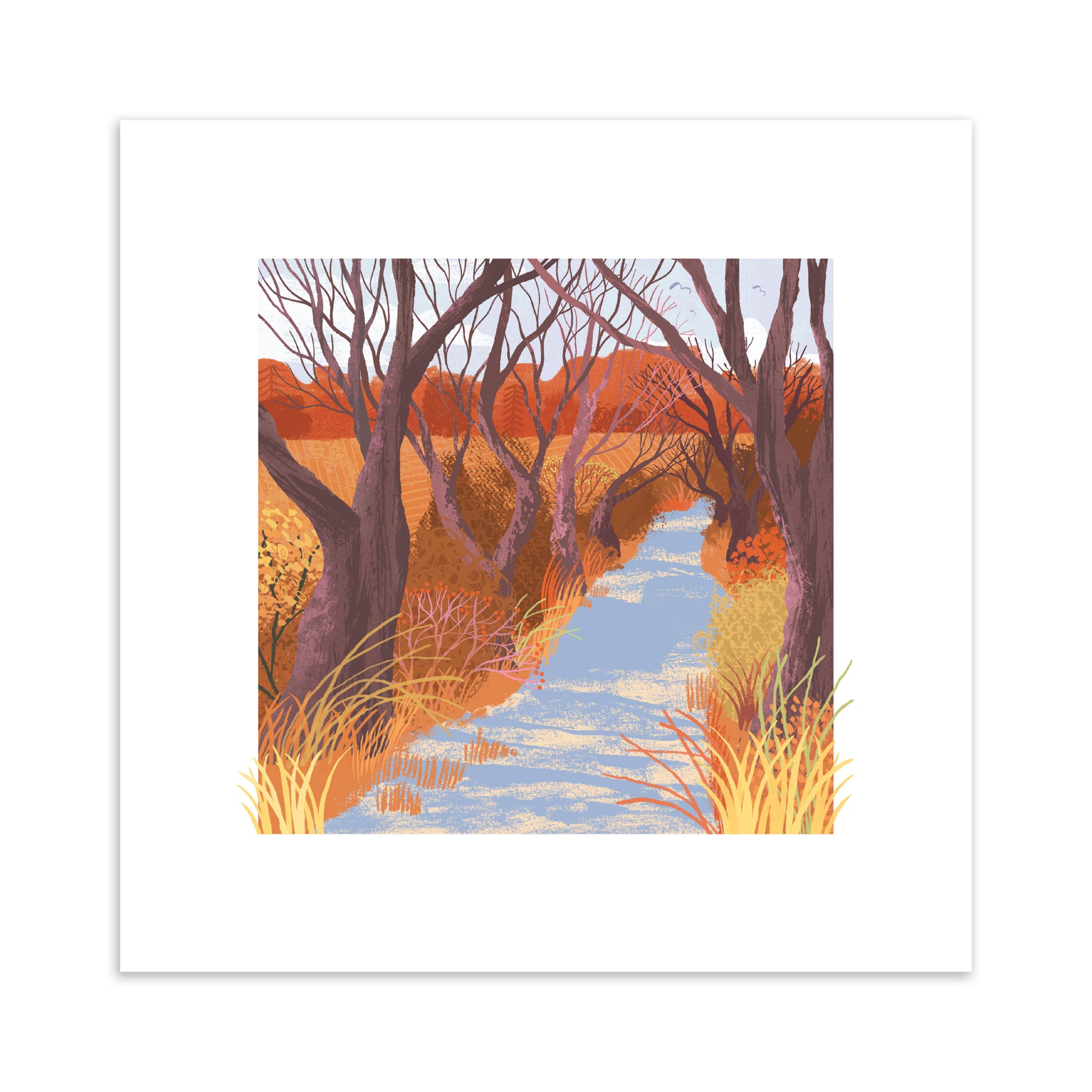 Illustration of a river flowing through a forest with autumn colours.