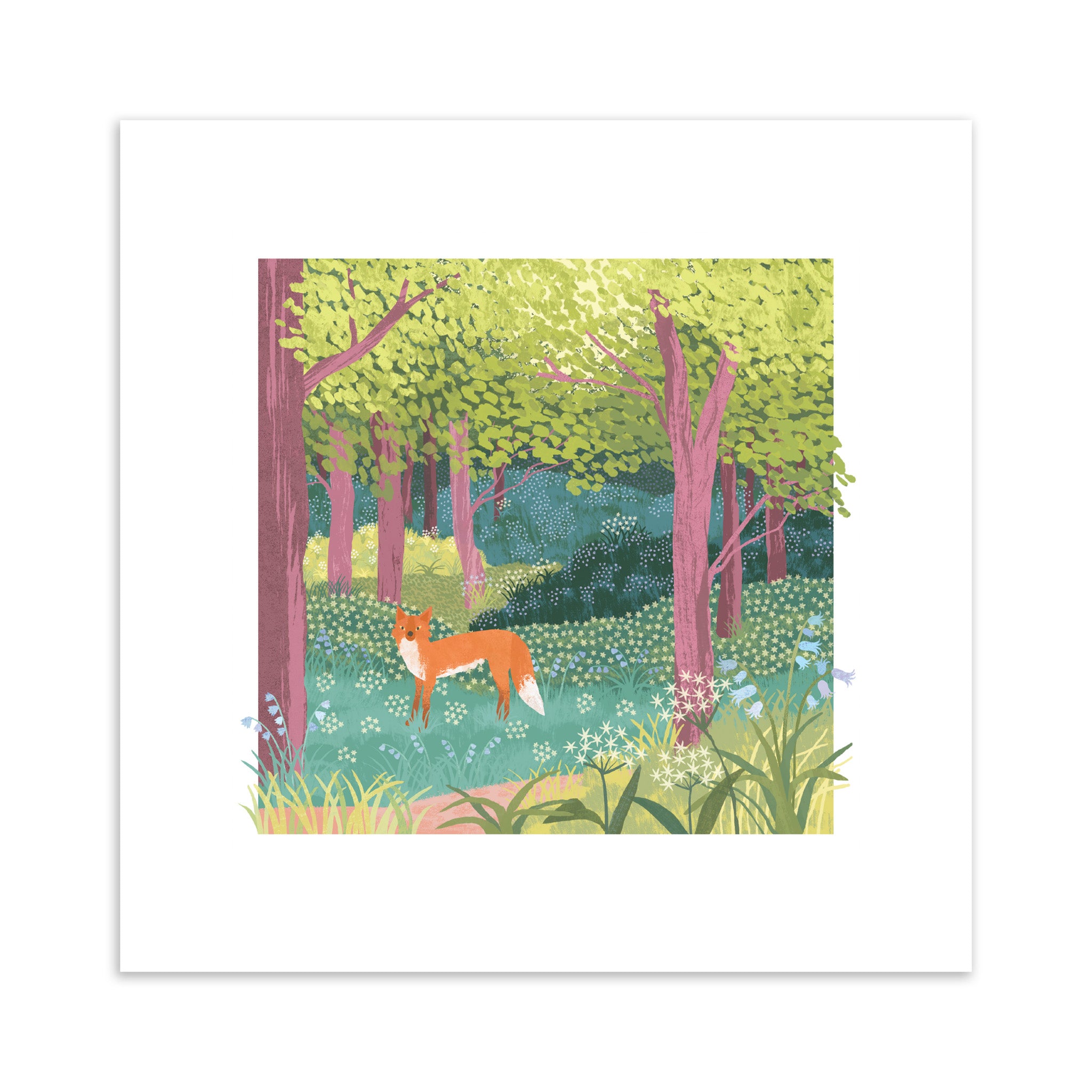 Illustration of a fox in a forest with colorful trees and plants.