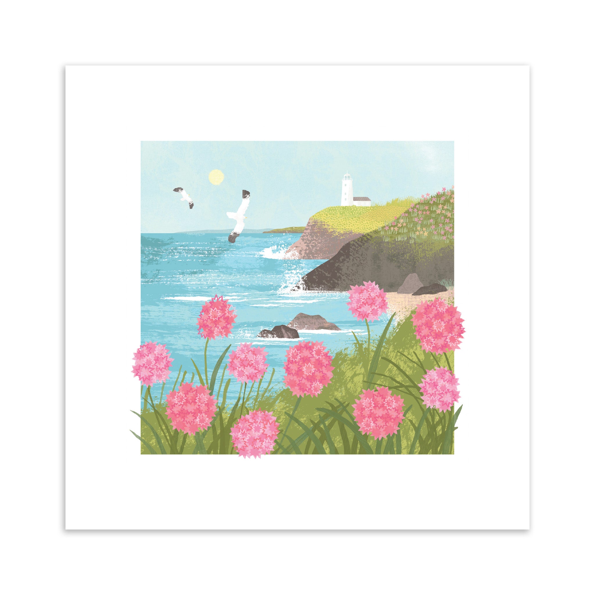 Illustration of a coastal scene with pink flowers, a lighthouse, and seagulls.