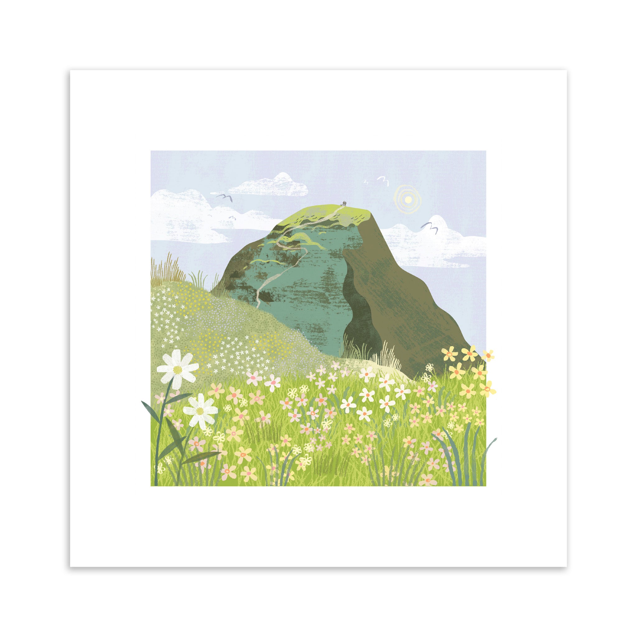 Illustration of a mountain and flowers on a white background.