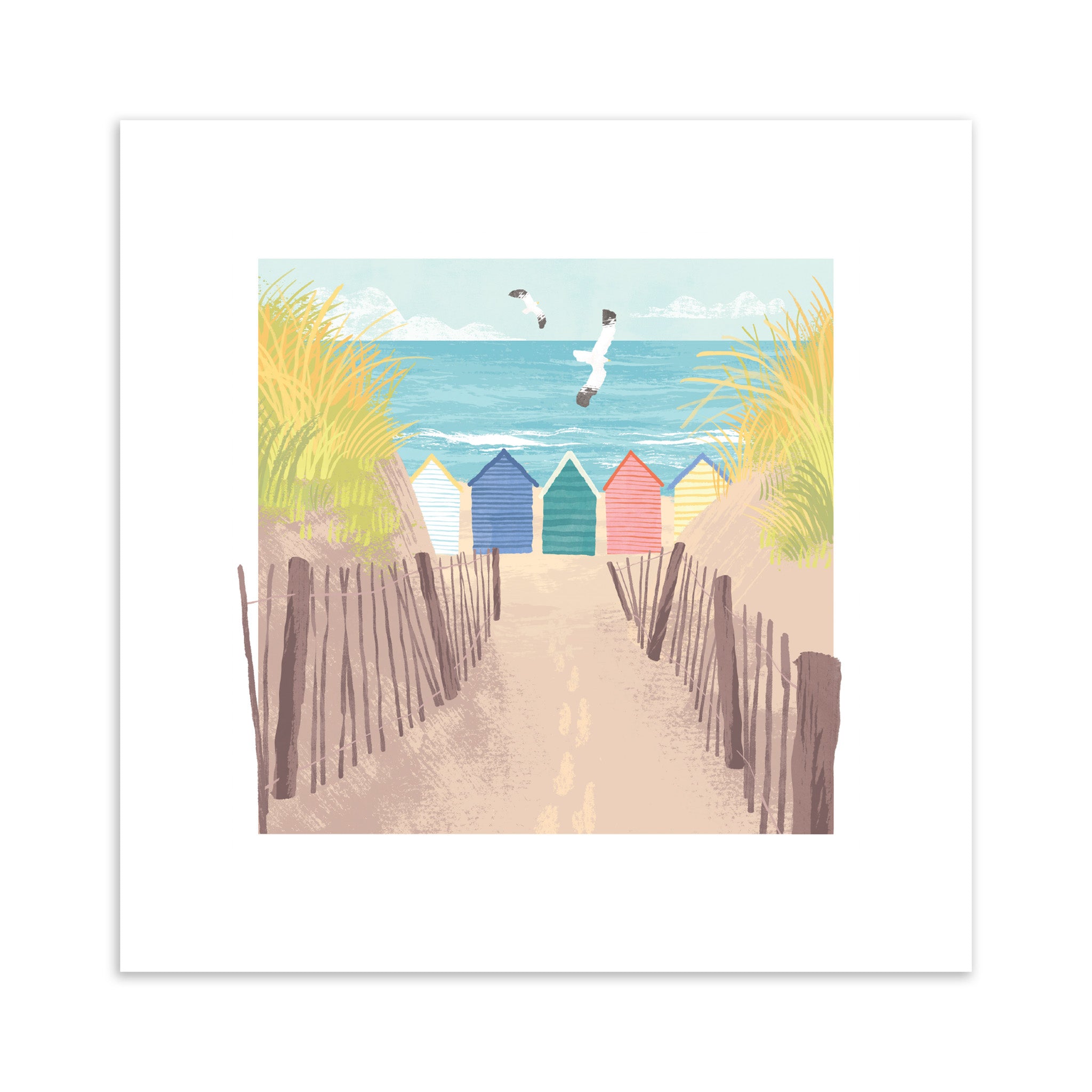 Illustration of colorful beach huts on a sandy path with palm trees and a blue sky.