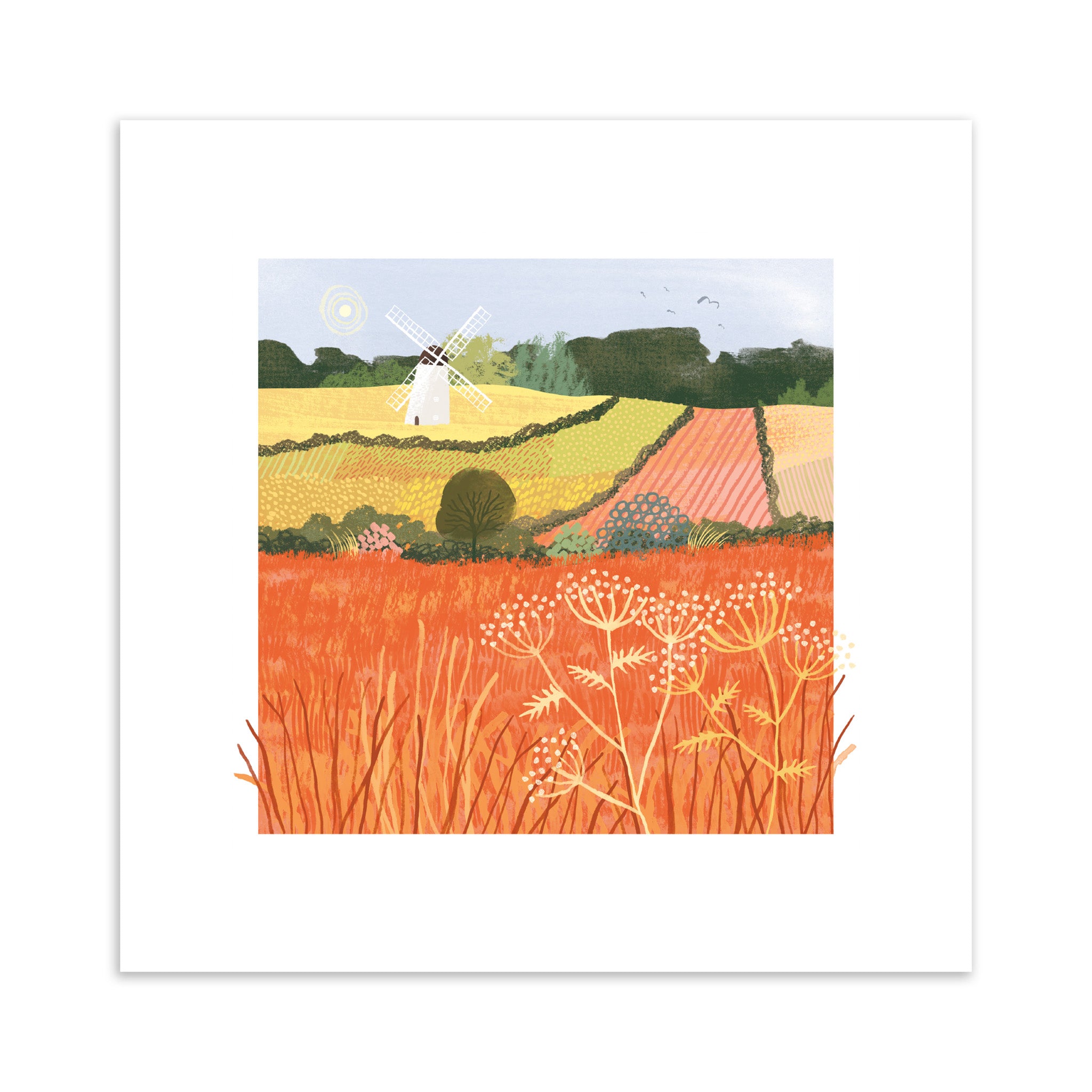 Illustration of a rural landscape with fields, a windmill, and trees.