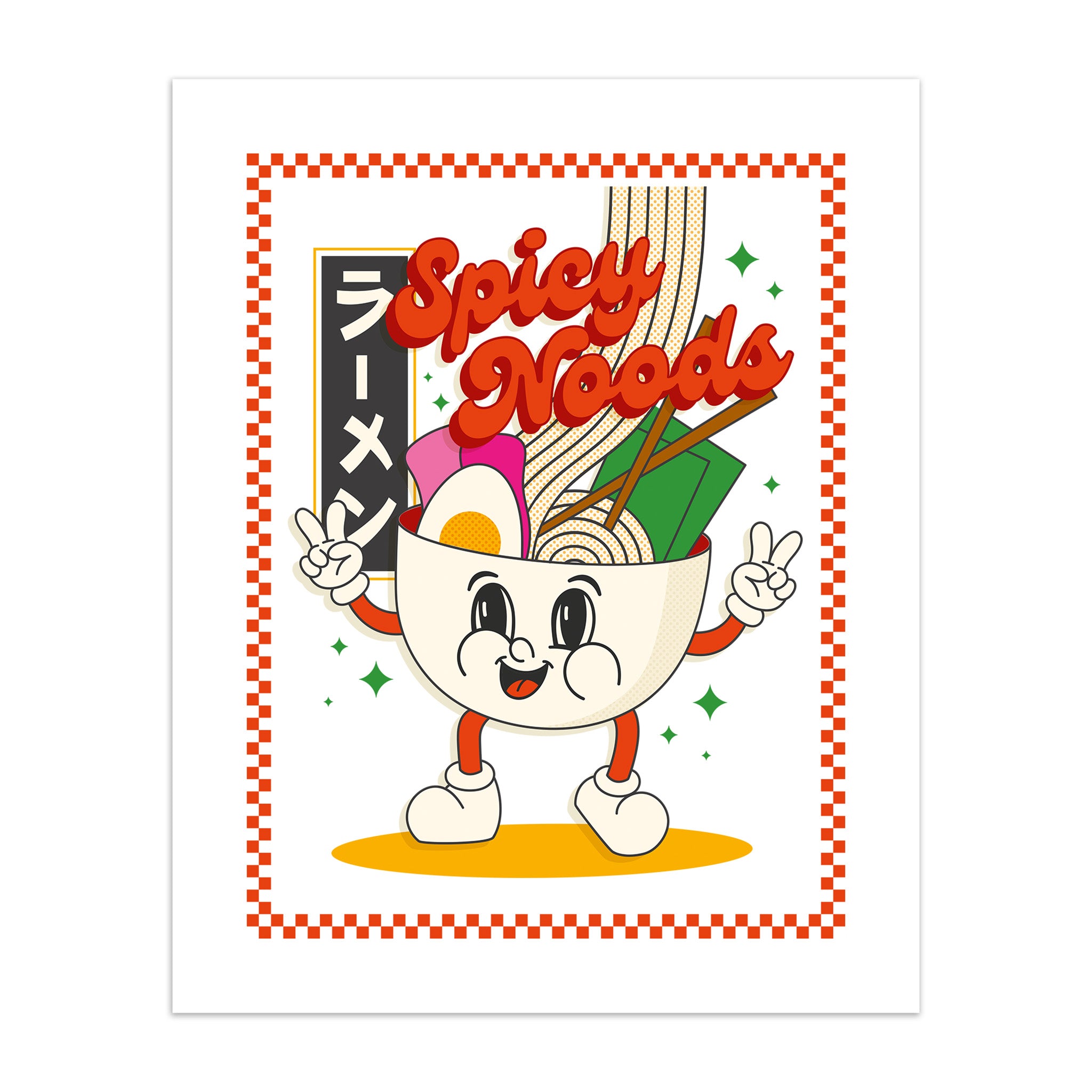 Art print of a cartoon character in a bowl of ramen with 'Spicy Noods' text on a checkered border.